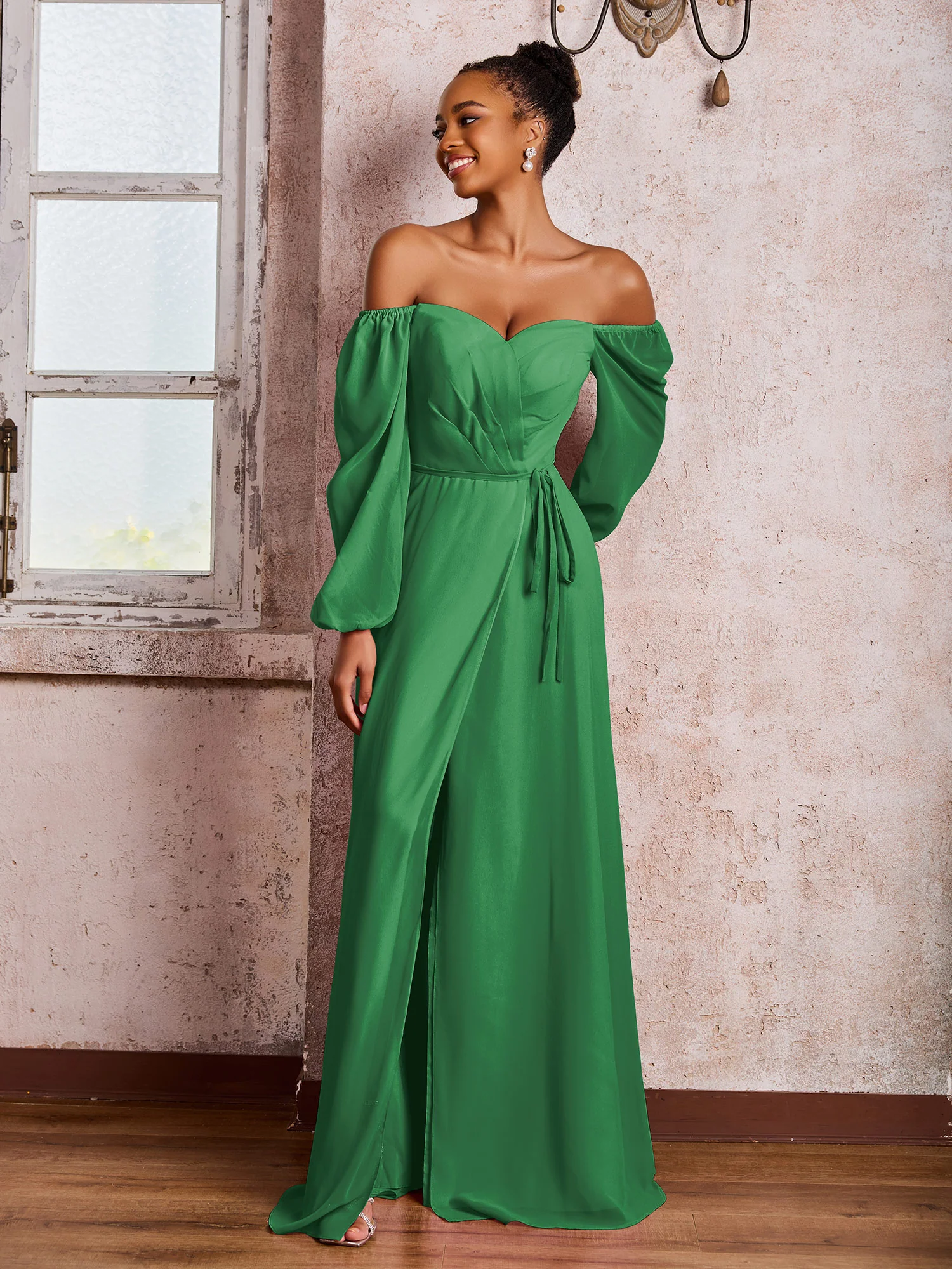 Off-The-Shoulder Long Sleeves Bow Dresses with Slit Emerald - Image 3