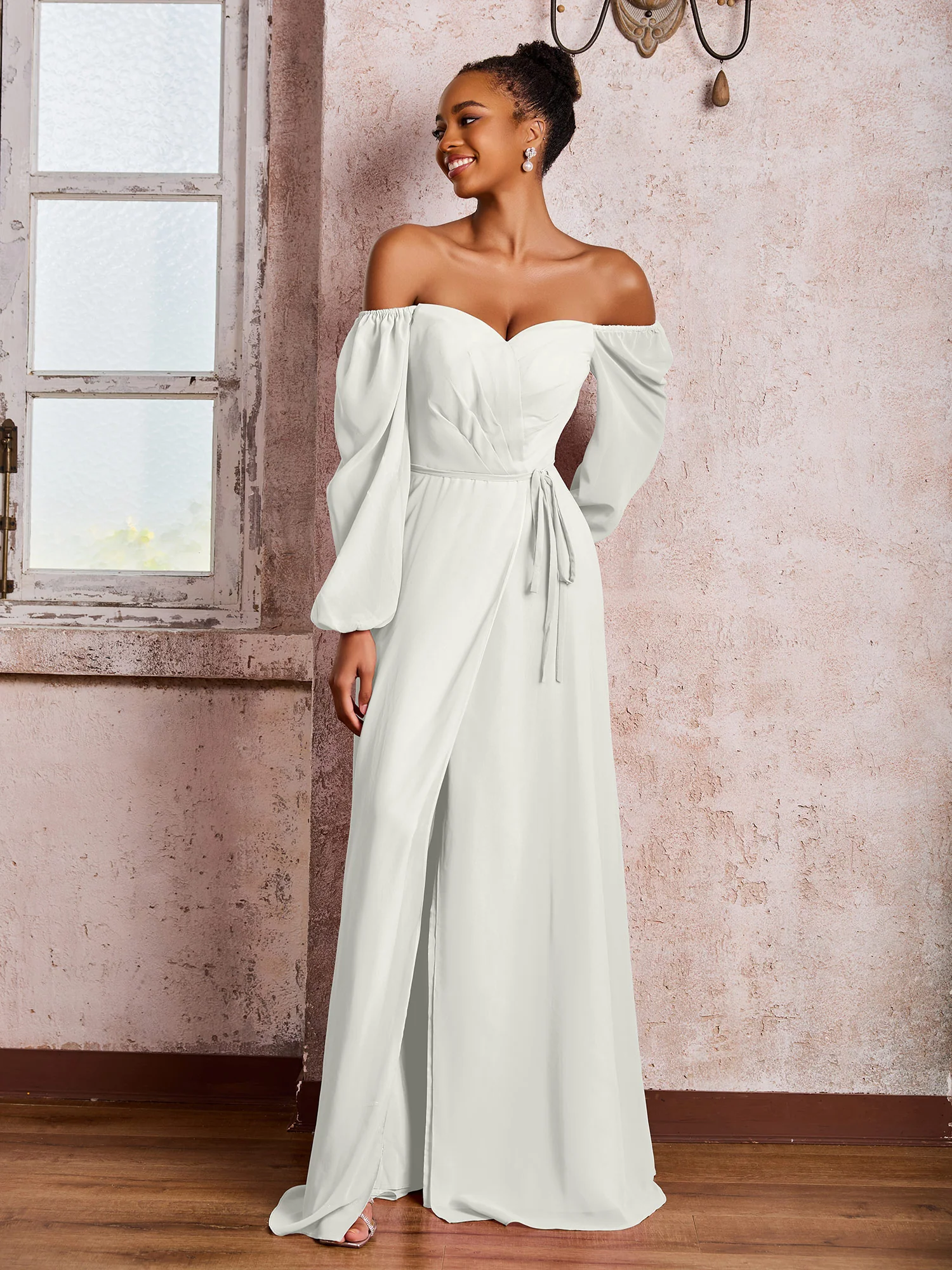 Off-The-Shoulder Long Sleeves Bow Dresses with Slit Ivory - Image 3