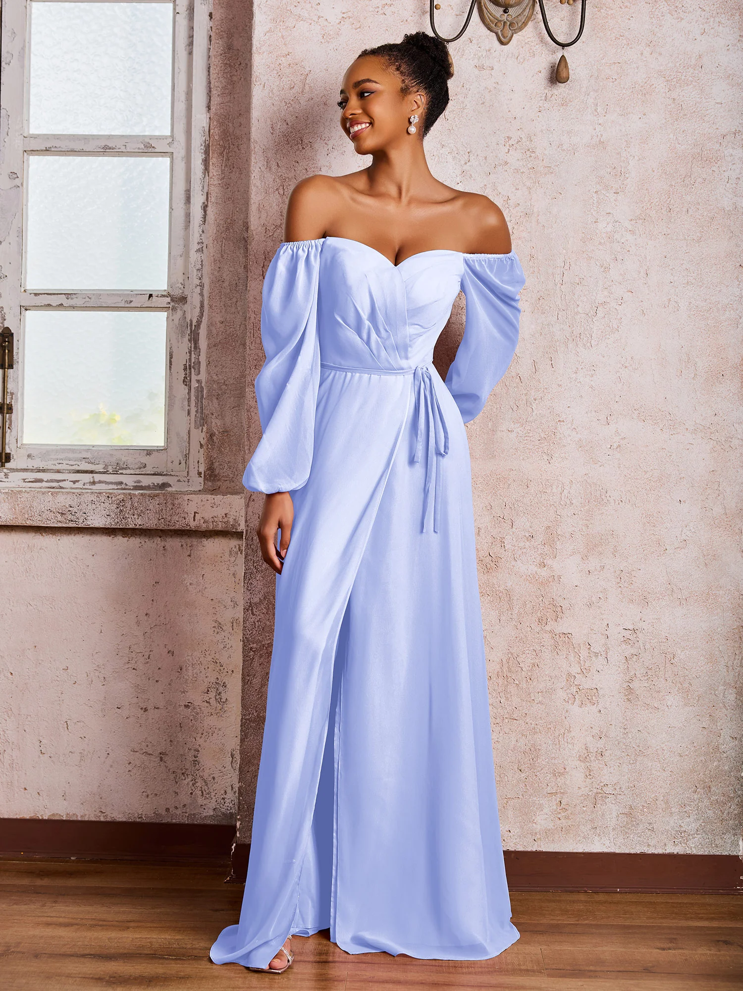 Off-The-Shoulder Long Sleeves Bow Dresses with Slit Lavender - Image 3
