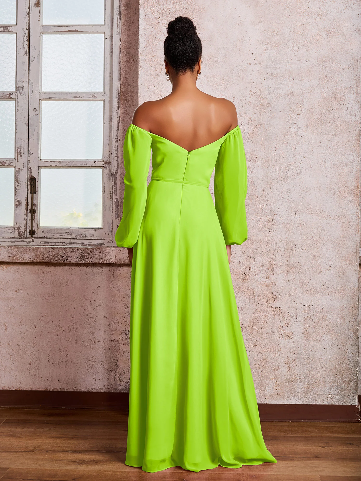 Off-The-Shoulder Long Sleeves Bow Dresses with Slit Lime Green - Image 2