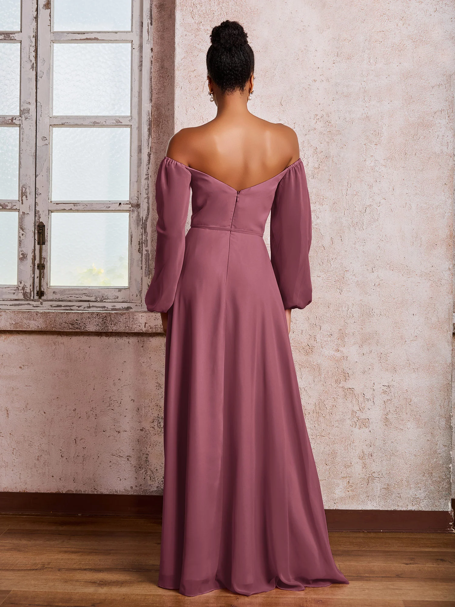 Off-The-Shoulder Long Sleeves Bow Dresses with Slit Mulberry - Image 2