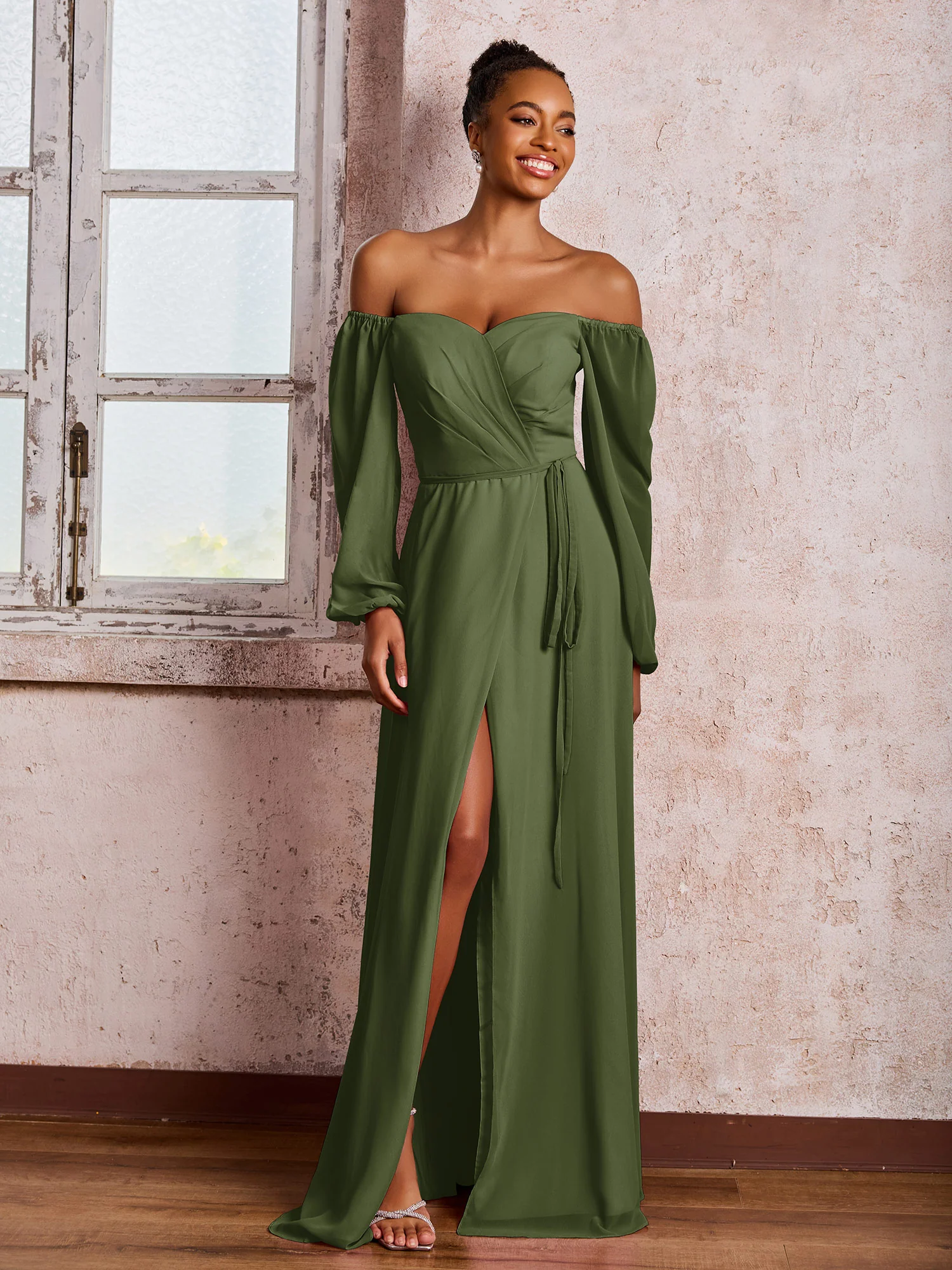 Off-The-Shoulder Long Sleeves Bow Dresses with Slit Olive Green