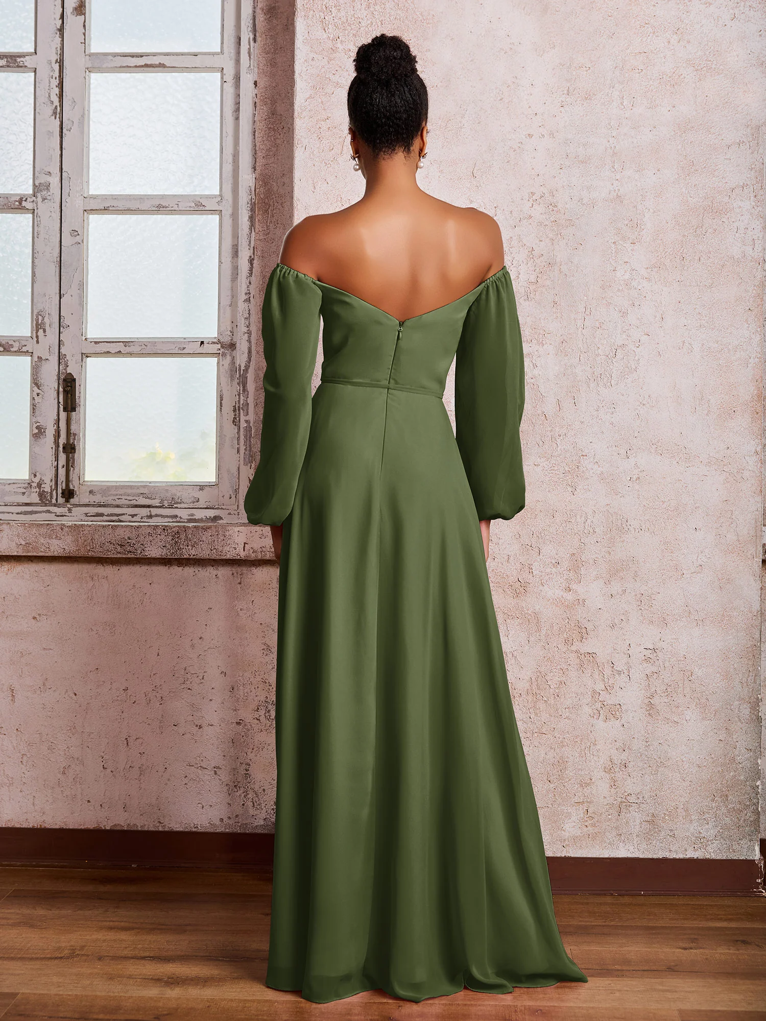 Off-The-Shoulder Long Sleeves Bow Dresses with Slit Olive Green - Image 2