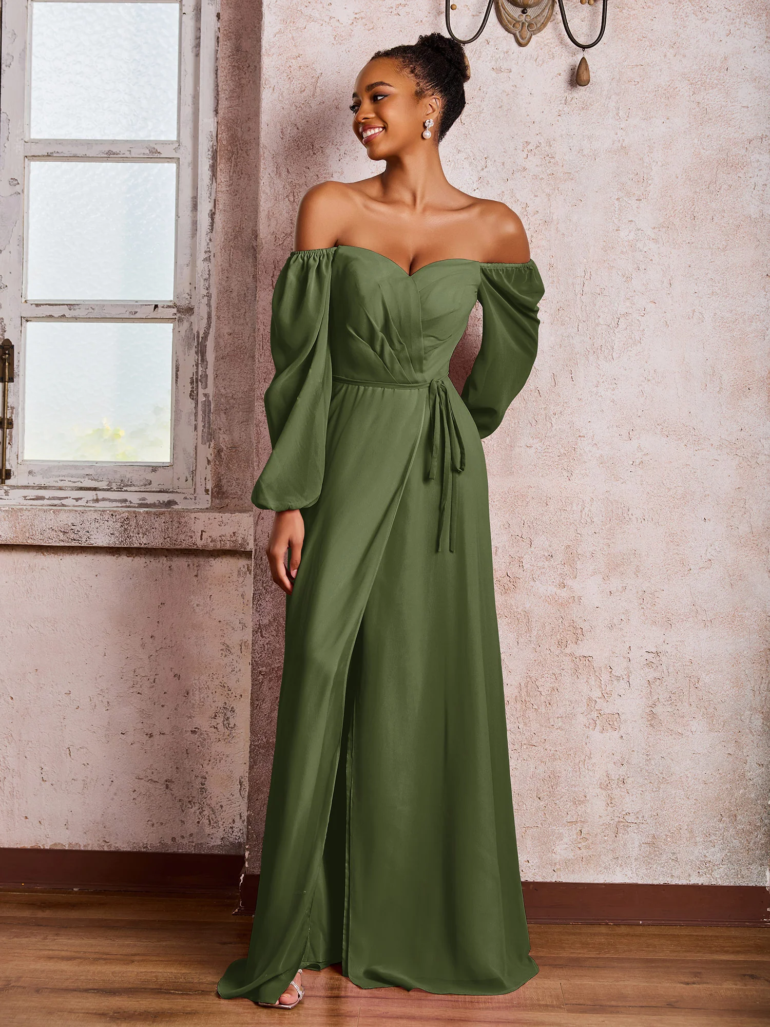 Off-The-Shoulder Long Sleeves Bow Dresses with Slit Olive Green - Image 3