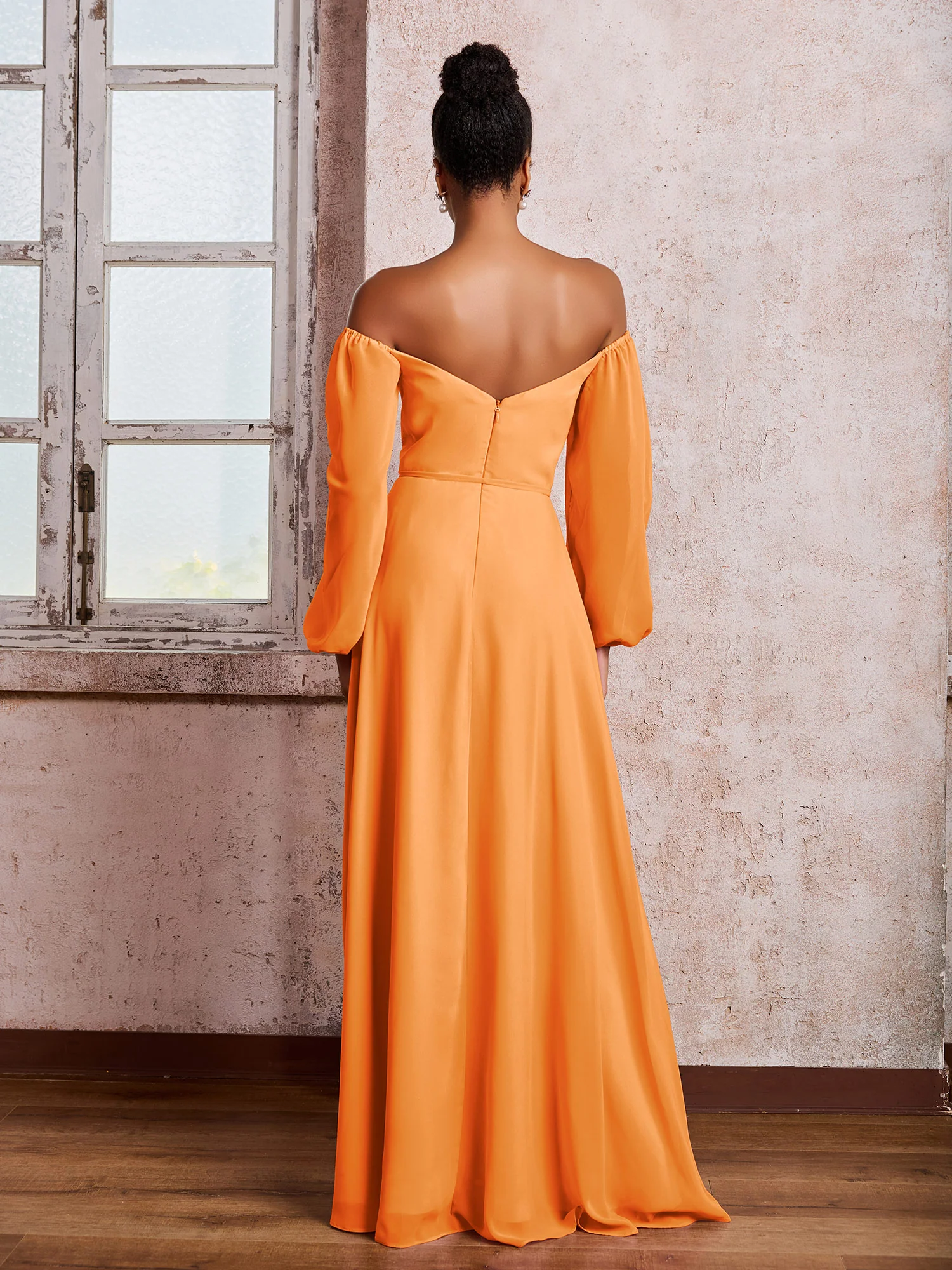 Off-The-Shoulder Long Sleeves Bow Dresses with Slit Orange - Image 2