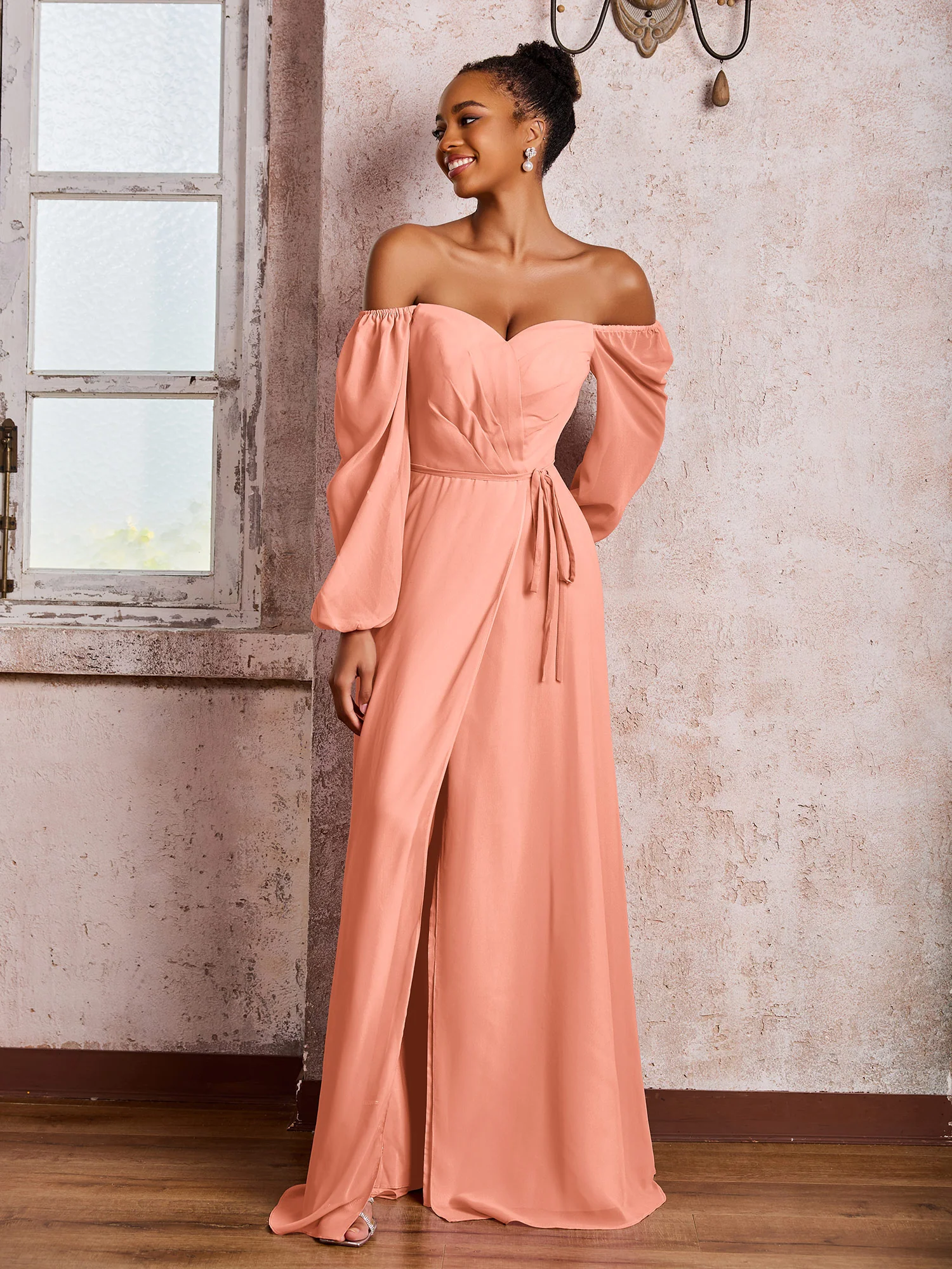 Off-The-Shoulder Long Sleeves Bow Dresses with Slit Papaya - Image 3