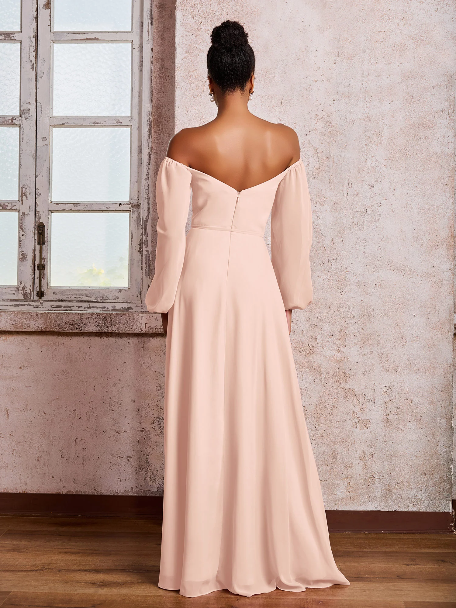 Off-The-Shoulder Long Sleeves Bow Dresses with Slit Pearl Pink - Image 2