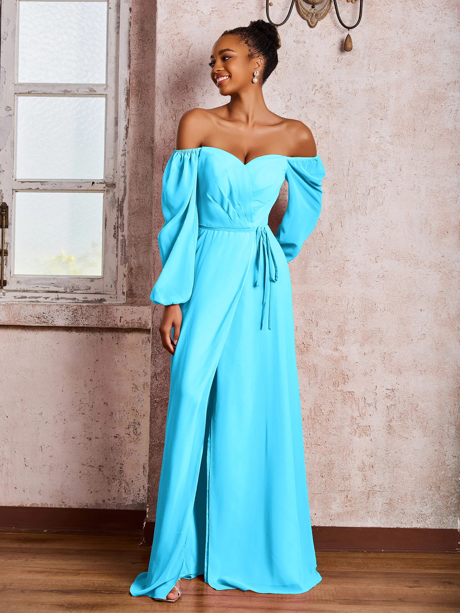 Off-The-Shoulder Long Sleeves Bow Dresses with Slit Pool - Image 3