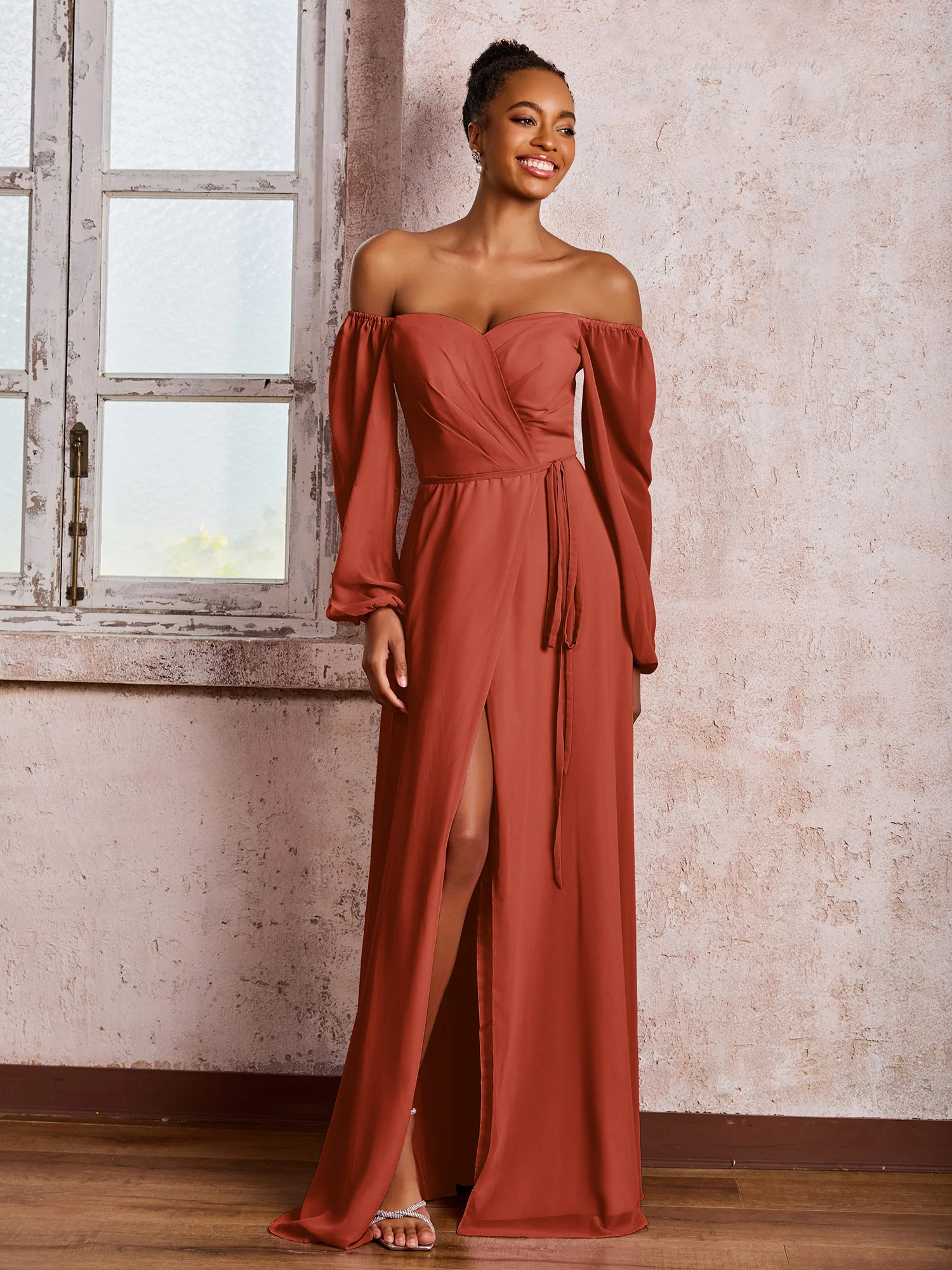 Off-The-Shoulder Long Sleeves Bow Dresses with Slit Rust