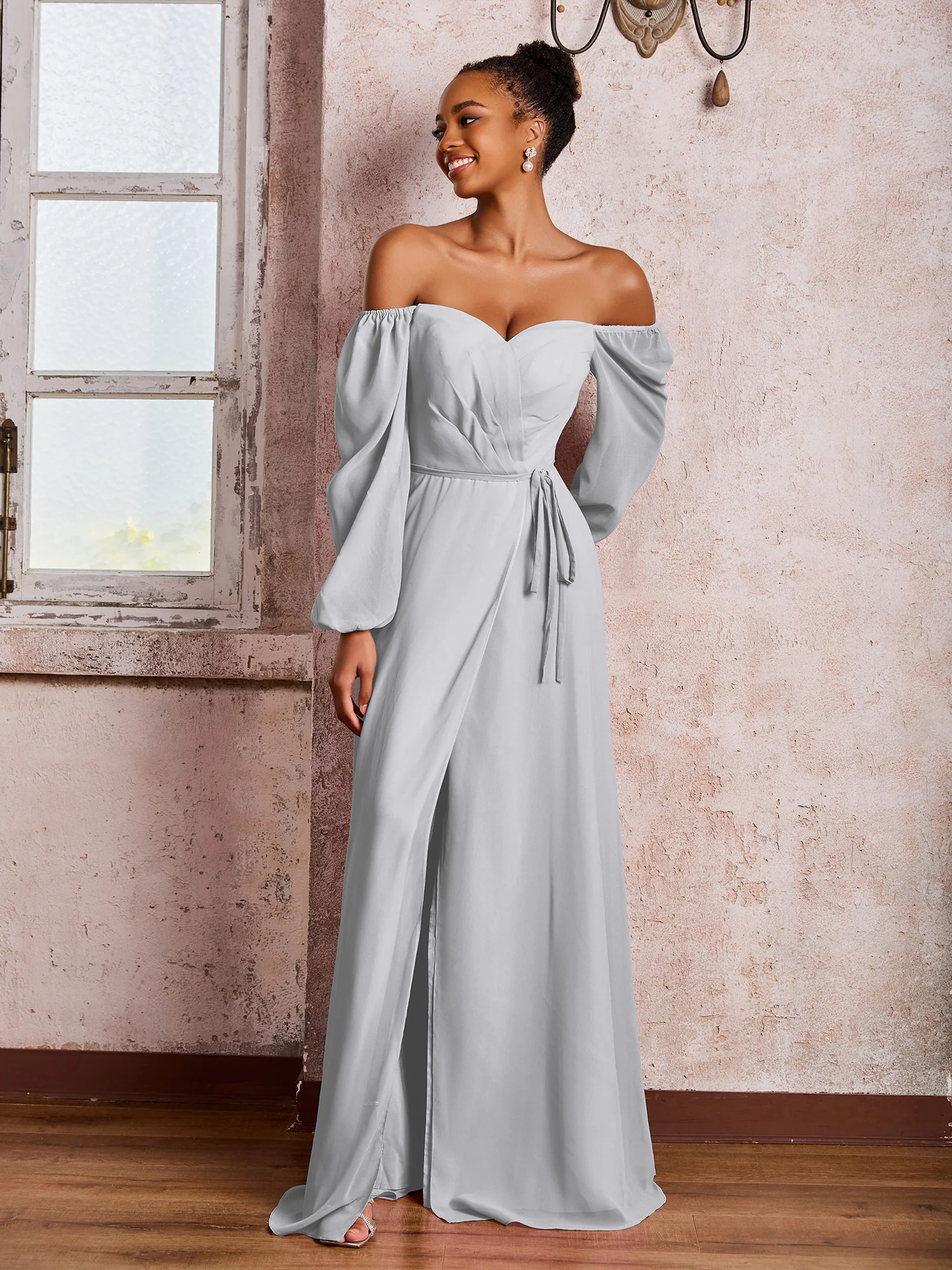 Off-The-Shoulder Long Sleeves Bow Dresses with Slit Silver - Image 3
