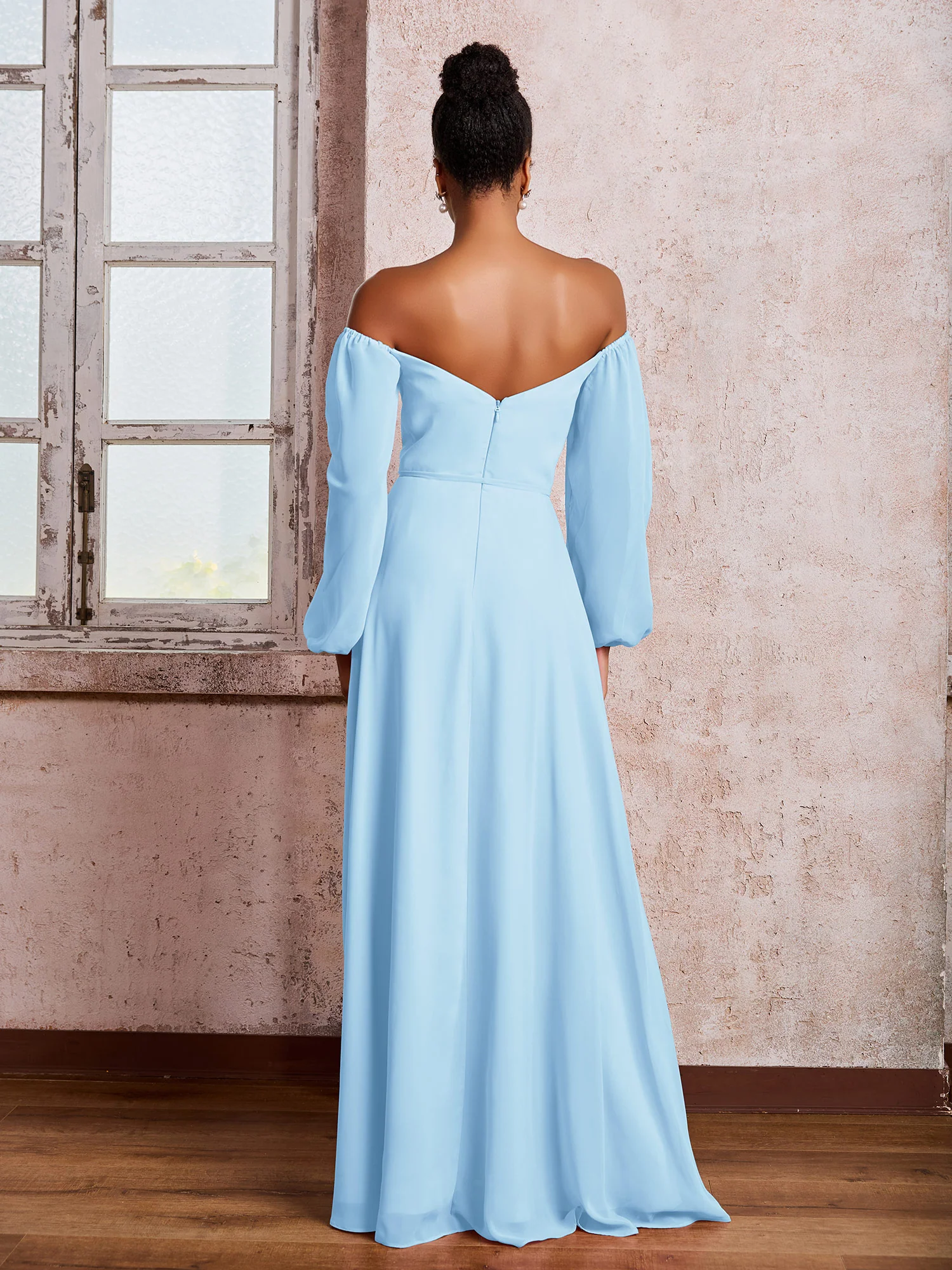 Off-The-Shoulder Long Sleeves Bow Dresses with Slit Sky Blue - Image 2