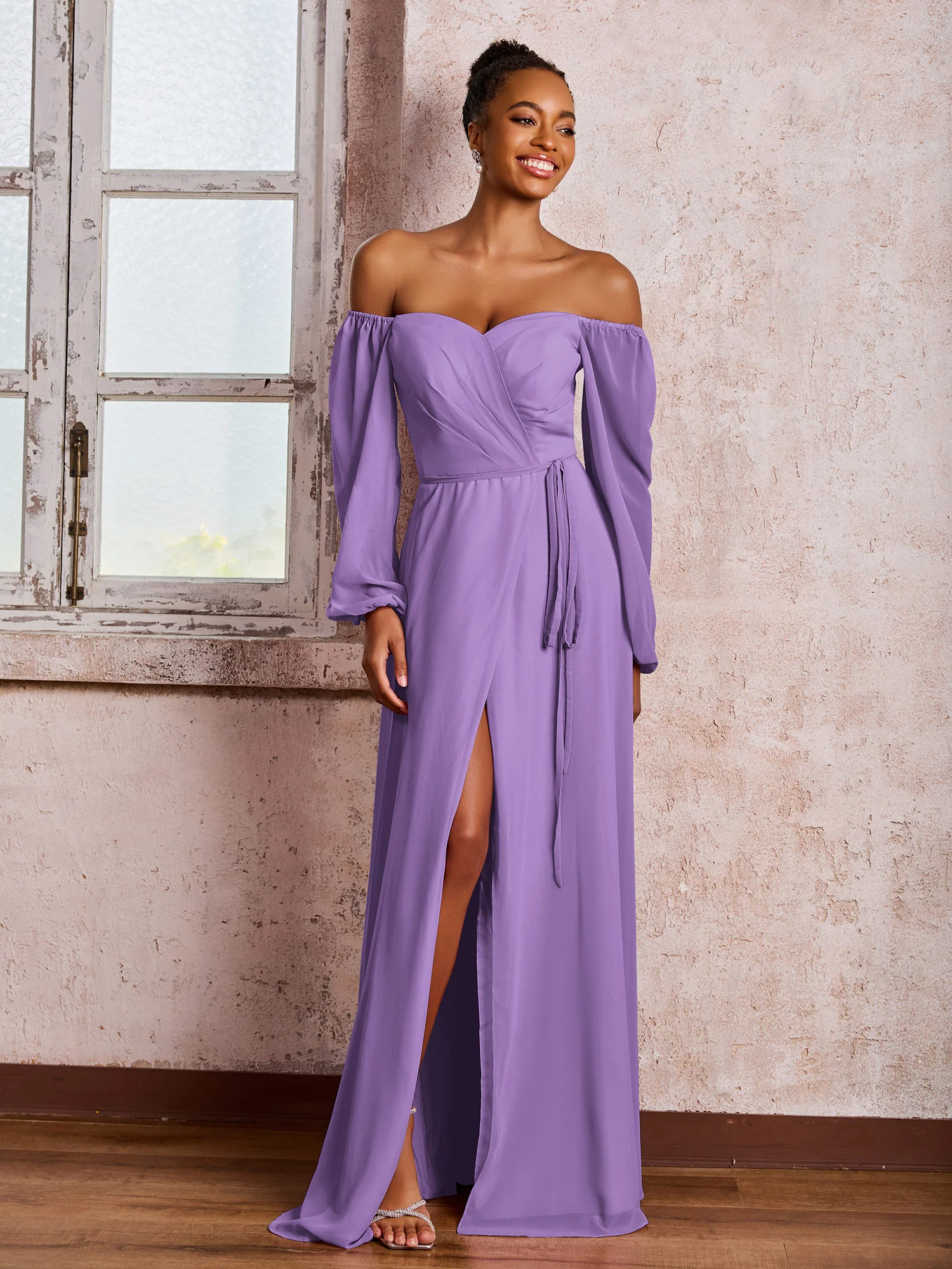 Off-The-Shoulder Long Sleeves Bow Dresses with Slit Tahiti