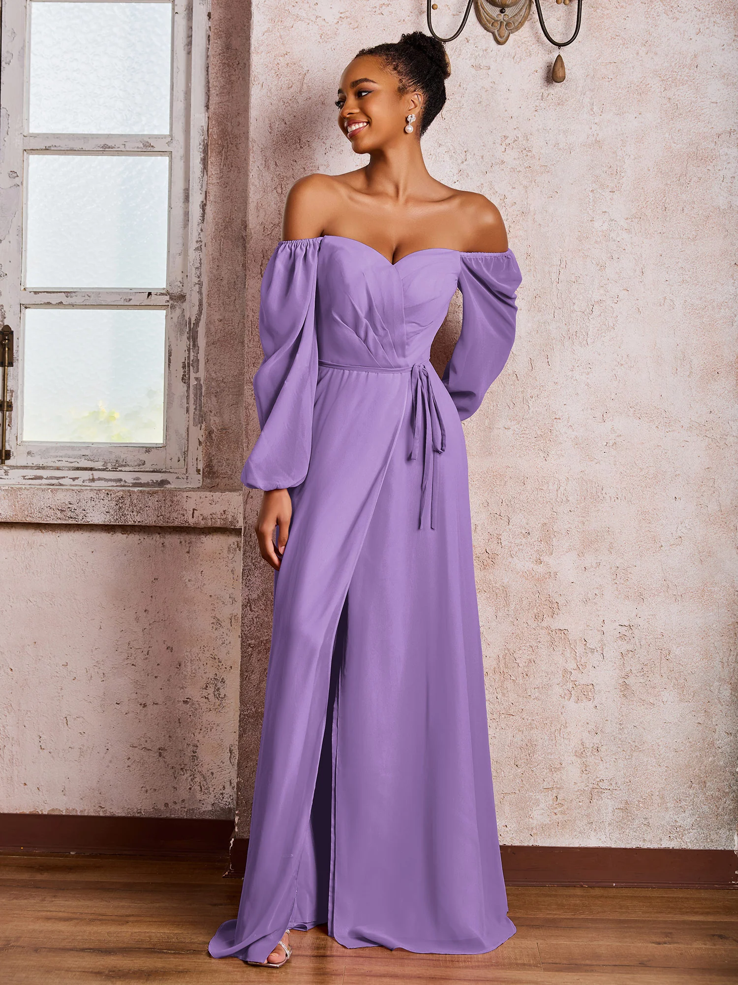 Off-The-Shoulder Long Sleeves Bow Dresses with Slit Tahiti - Image 3