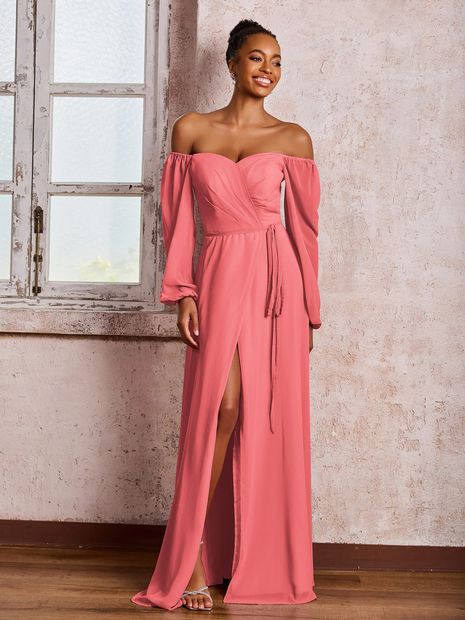 Off-The-Shoulder Long Sleeves Bow Dresses with Slit Watermelon