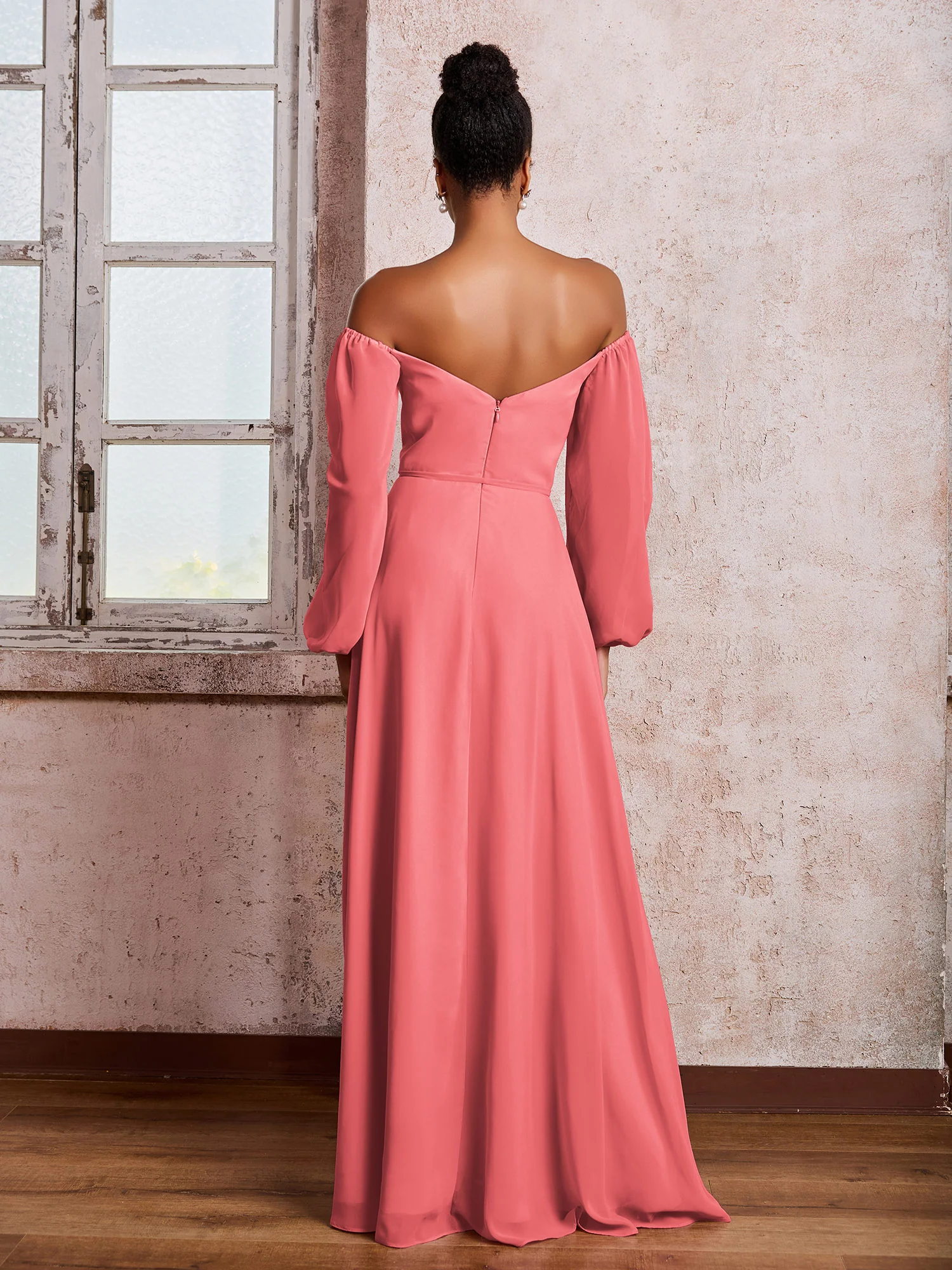 Off-The-Shoulder Long Sleeves Bow Dresses with Slit Watermelon - Image 2