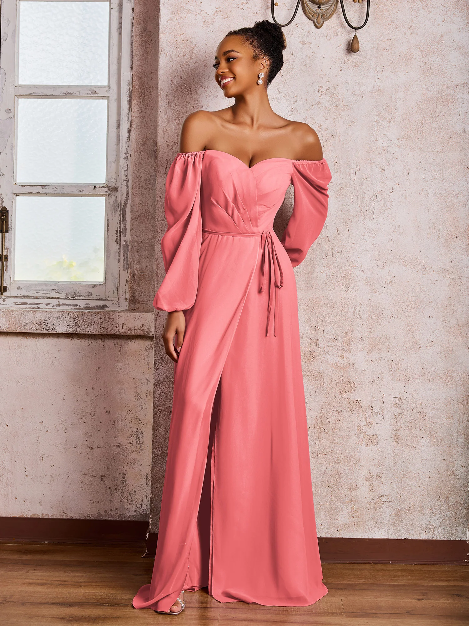 Off-The-Shoulder Long Sleeves Bow Dresses with Slit Watermelon - Image 3
