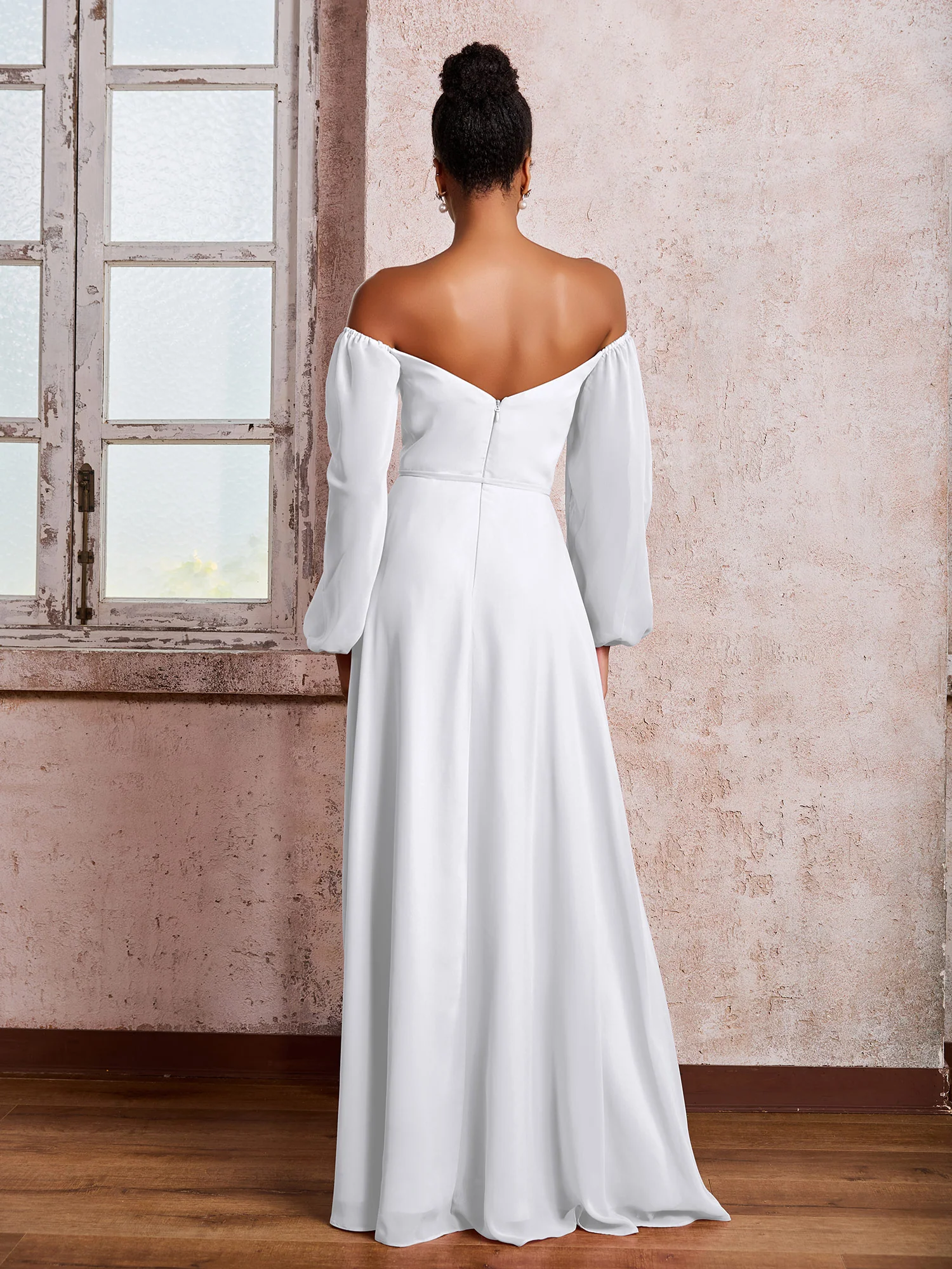 Off-The-Shoulder Long Sleeves Bow Dresses with Slit White - Image 2