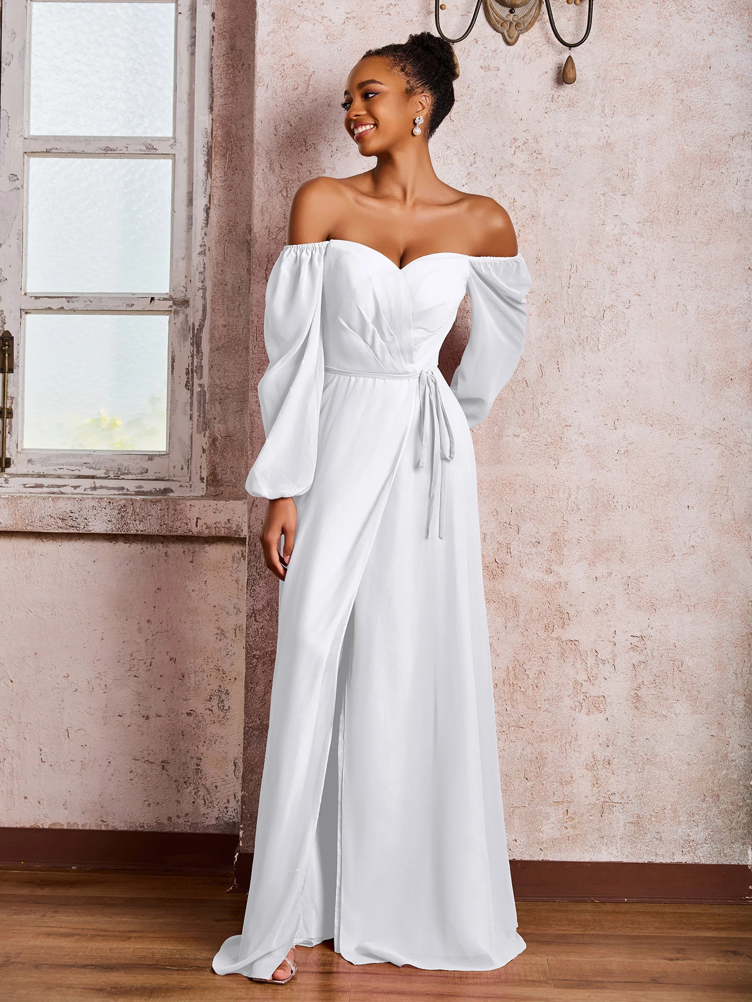 Off-The-Shoulder Long Sleeves Bow Dresses with Slit White - Image 3