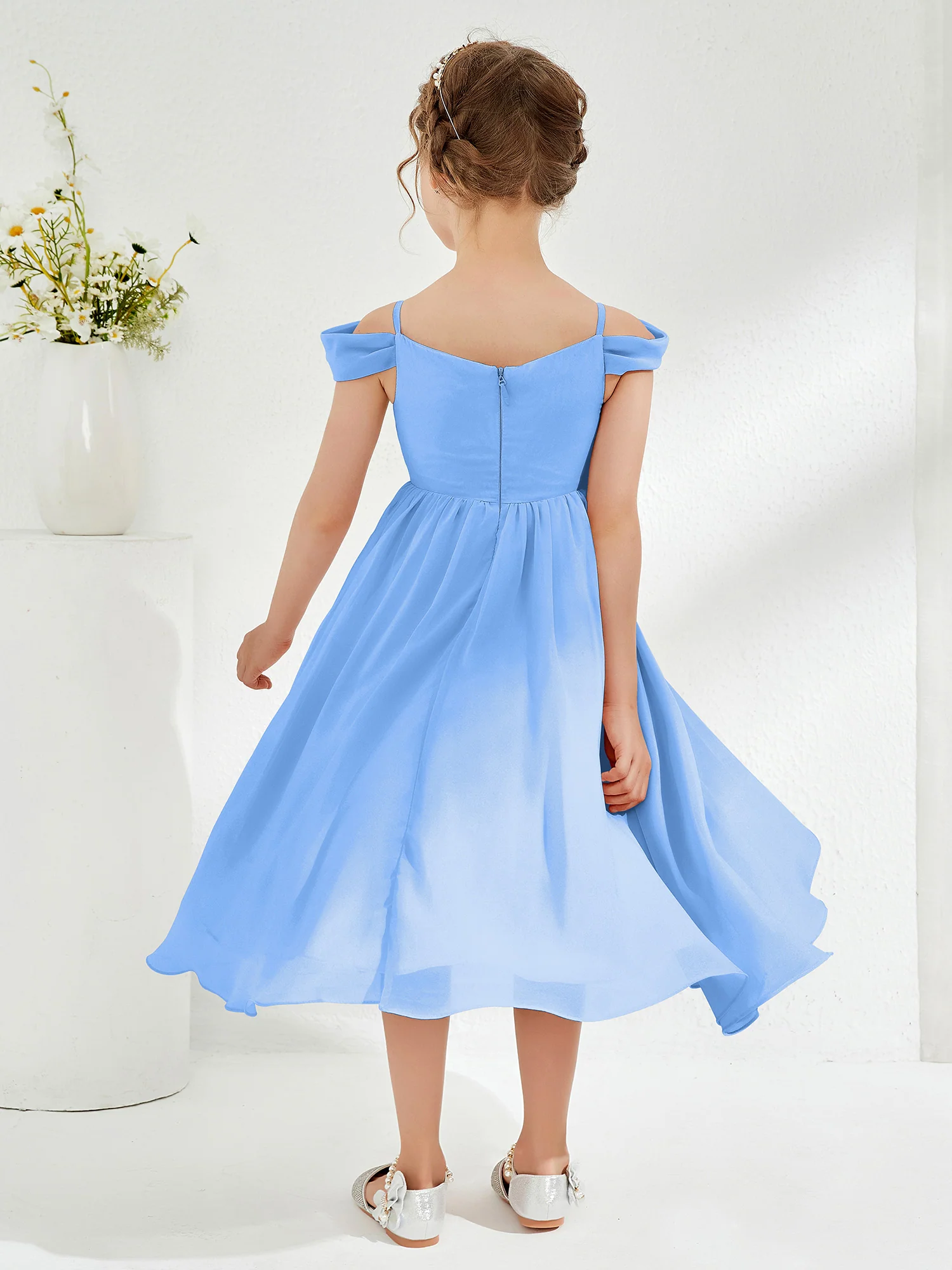 Off-the-shoulder Pleated Girl's Dress Blue - Image 2