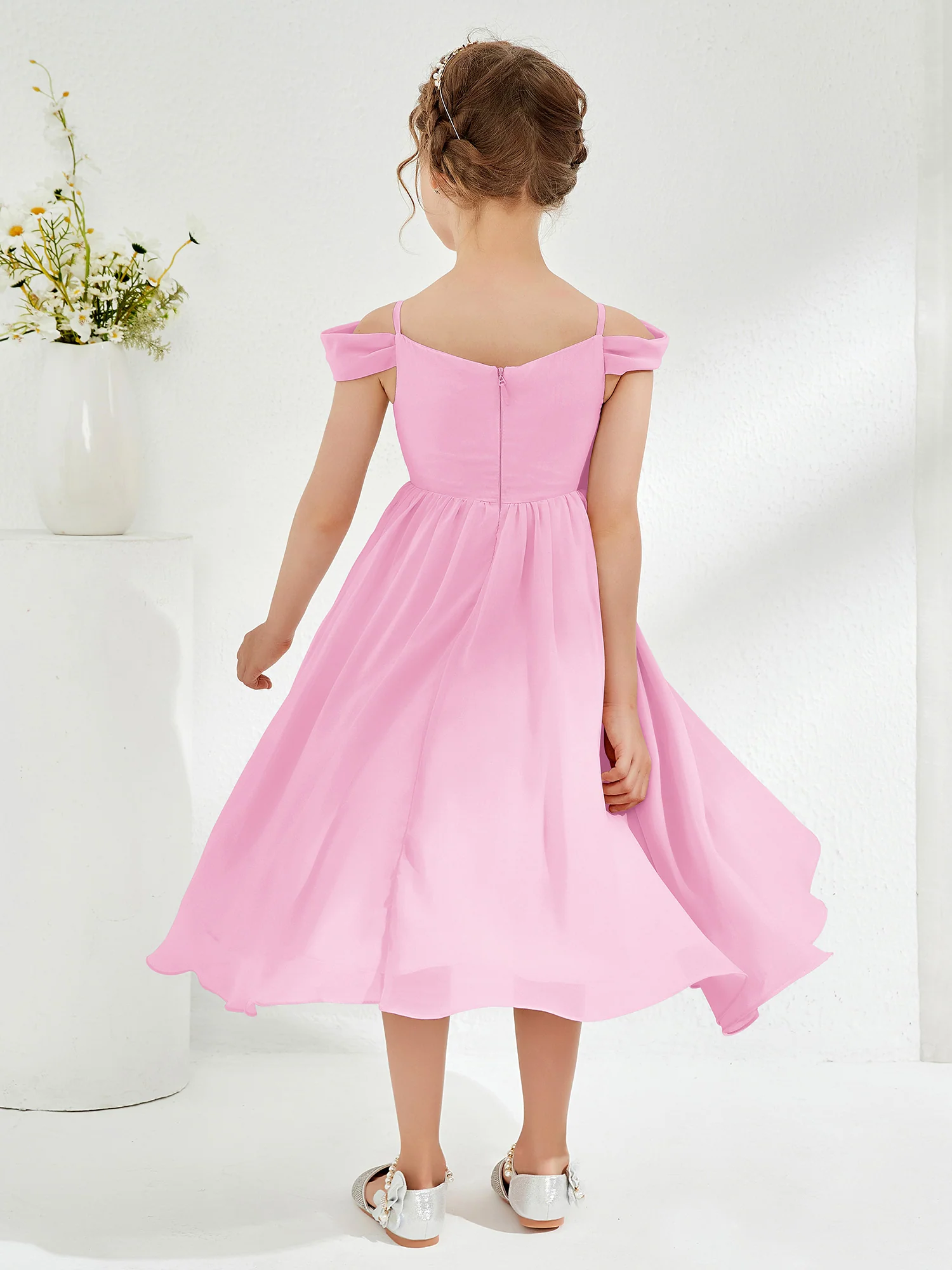 Off-the-shoulder Pleated Girl's Dress Candy Pink - Image 2