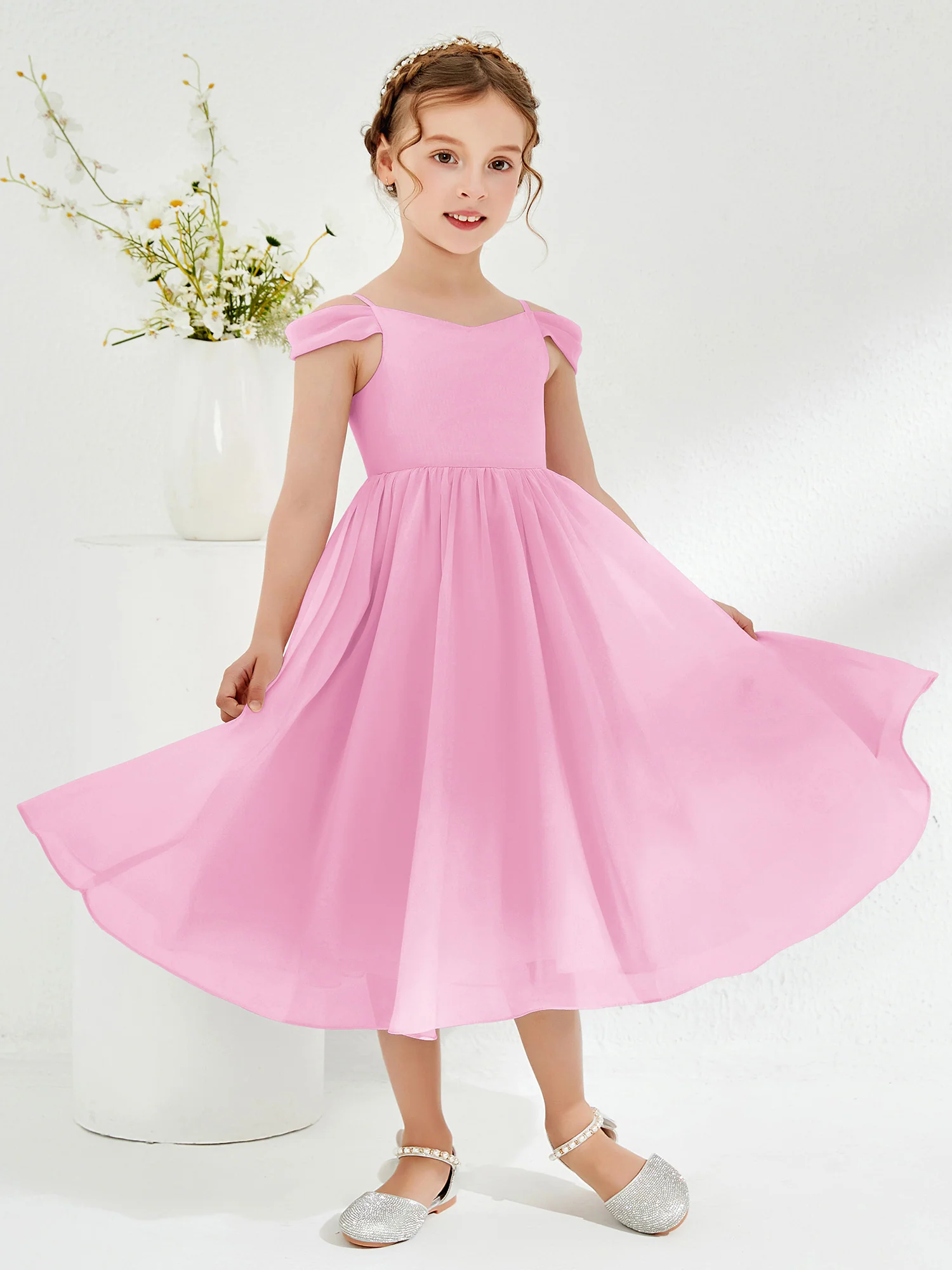 Off-the-shoulder Pleated Girl's Dress Candy Pink - Image 3