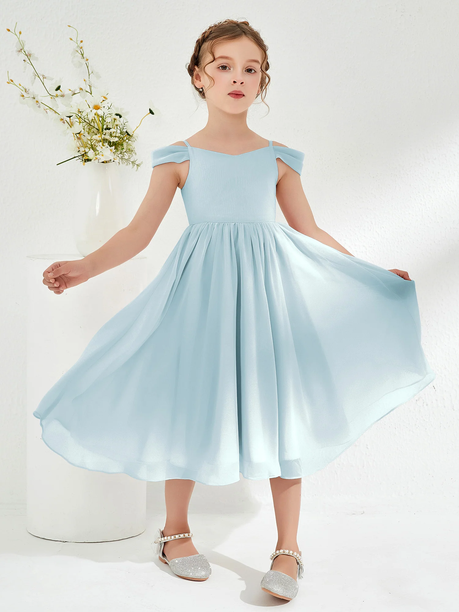 Off-the-shoulder Pleated Girl's Dress Mist