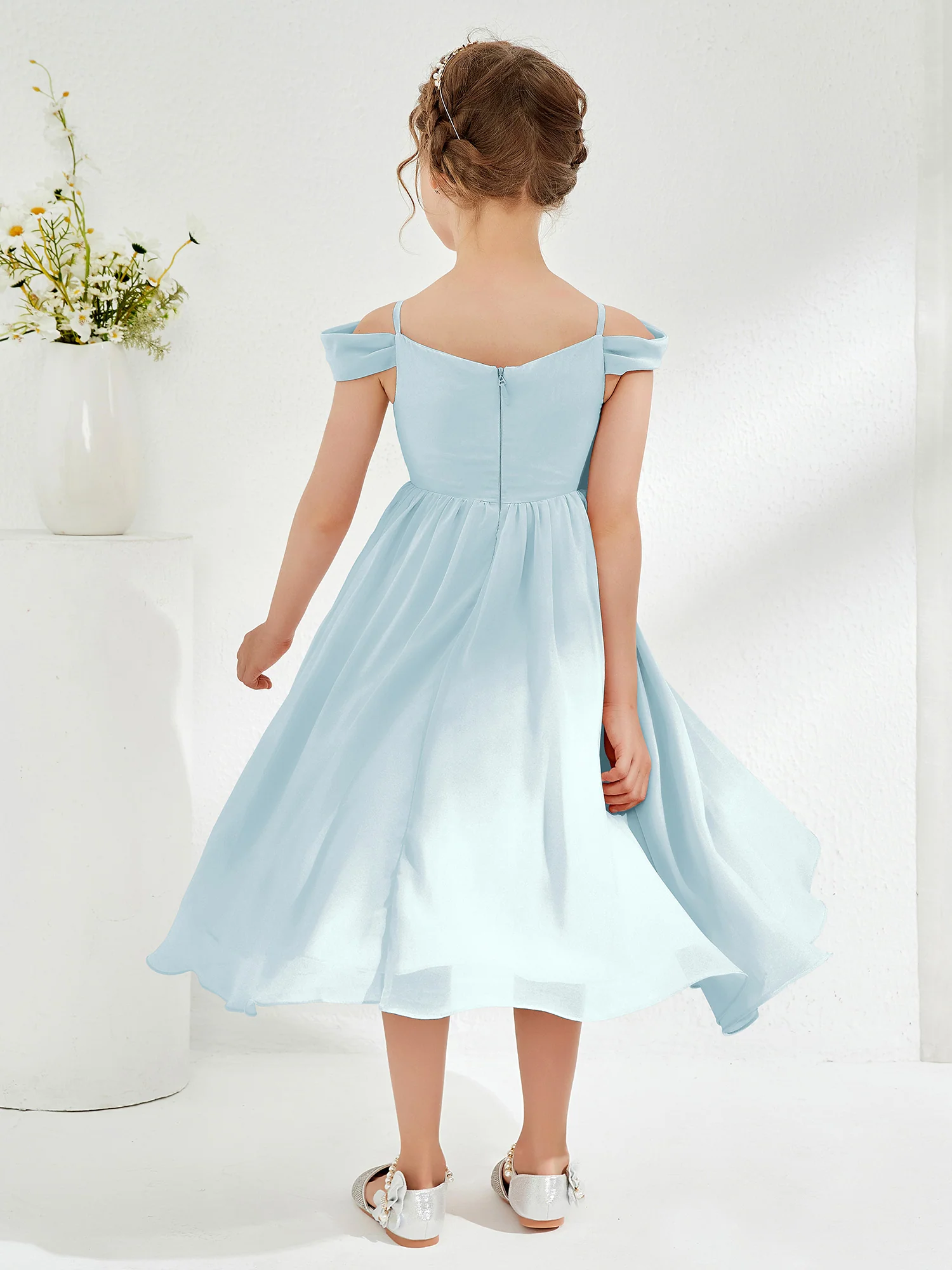 Off-the-shoulder Pleated Girl's Dress Mist - Image 2