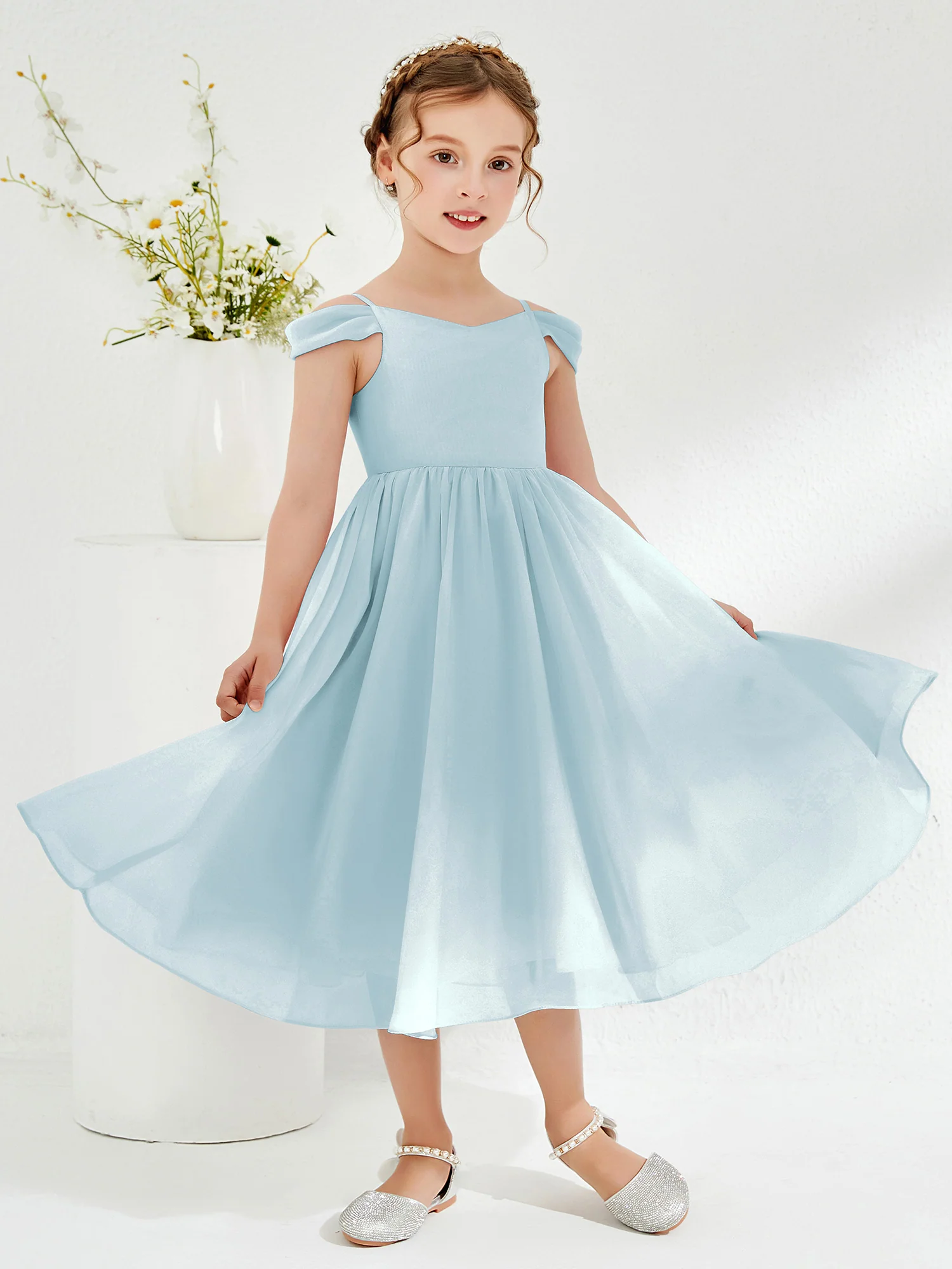 Off-the-shoulder Pleated Girl's Dress Mist - Image 3