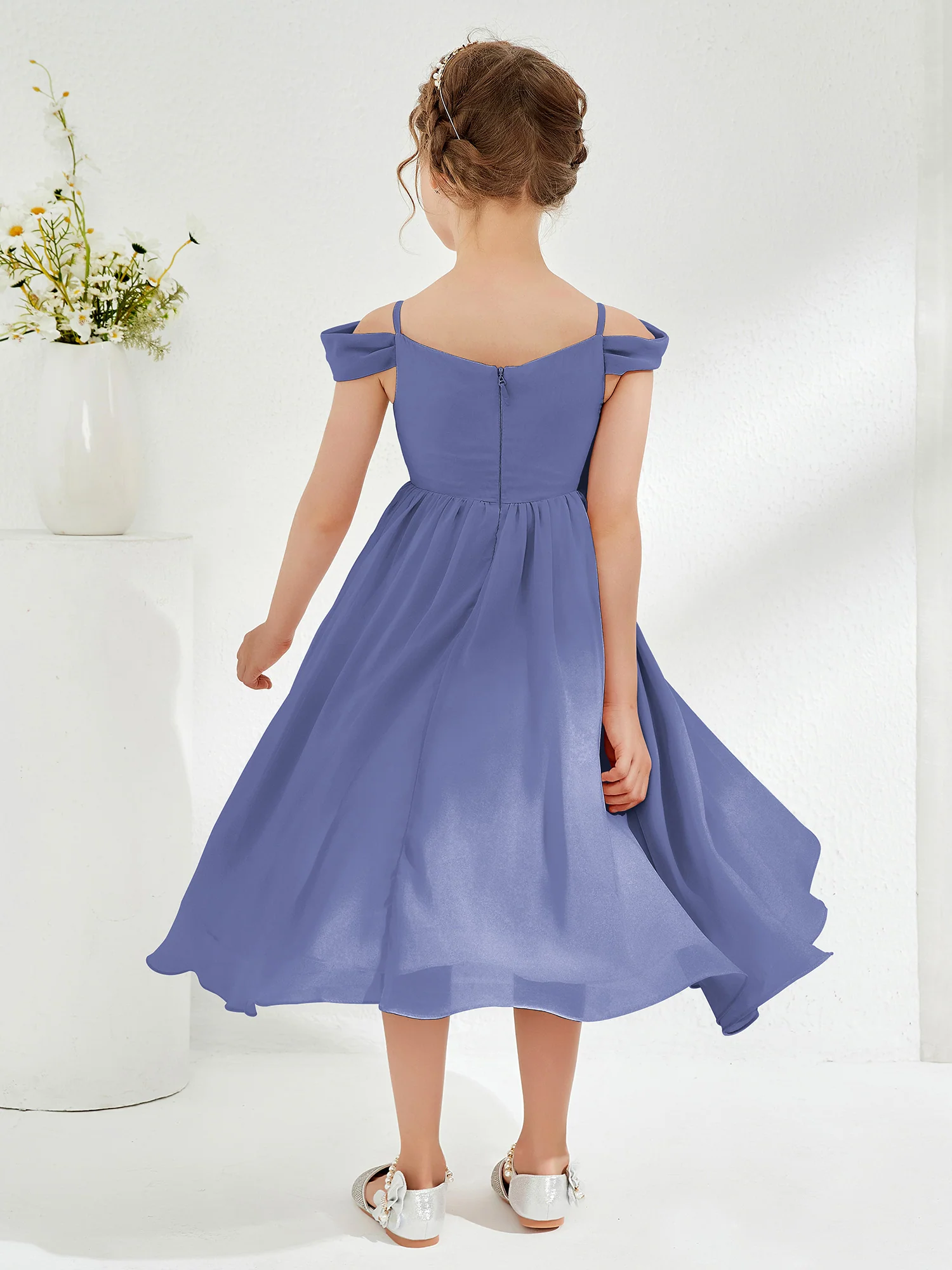Off-the-shoulder Pleated Girl's Dress Periwinkle - Image 2
