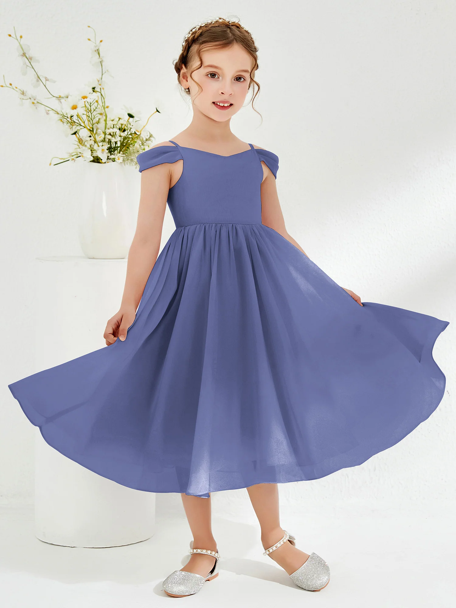 Off-the-shoulder Pleated Girl's Dress Periwinkle - Image 3