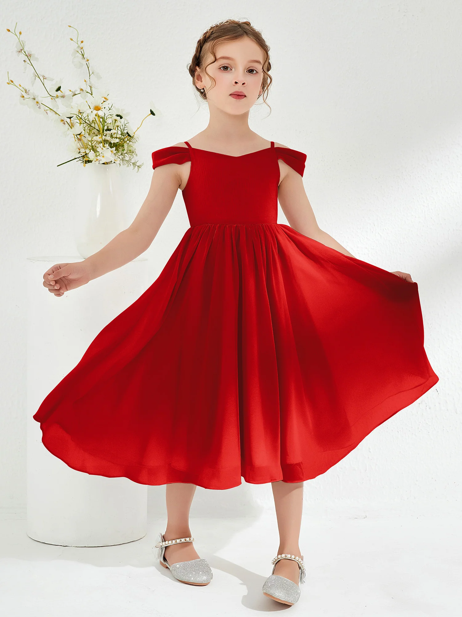 Off-the-shoulder Pleated Girl's Dress Red