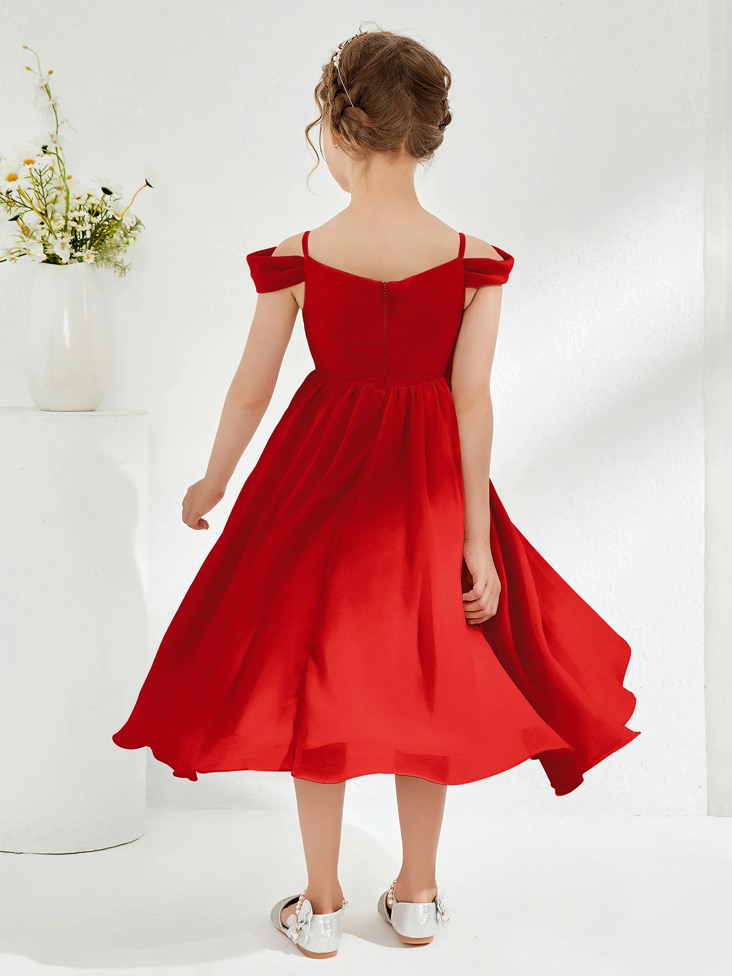 Off-the-shoulder Pleated Girl's Dress Red - Image 2