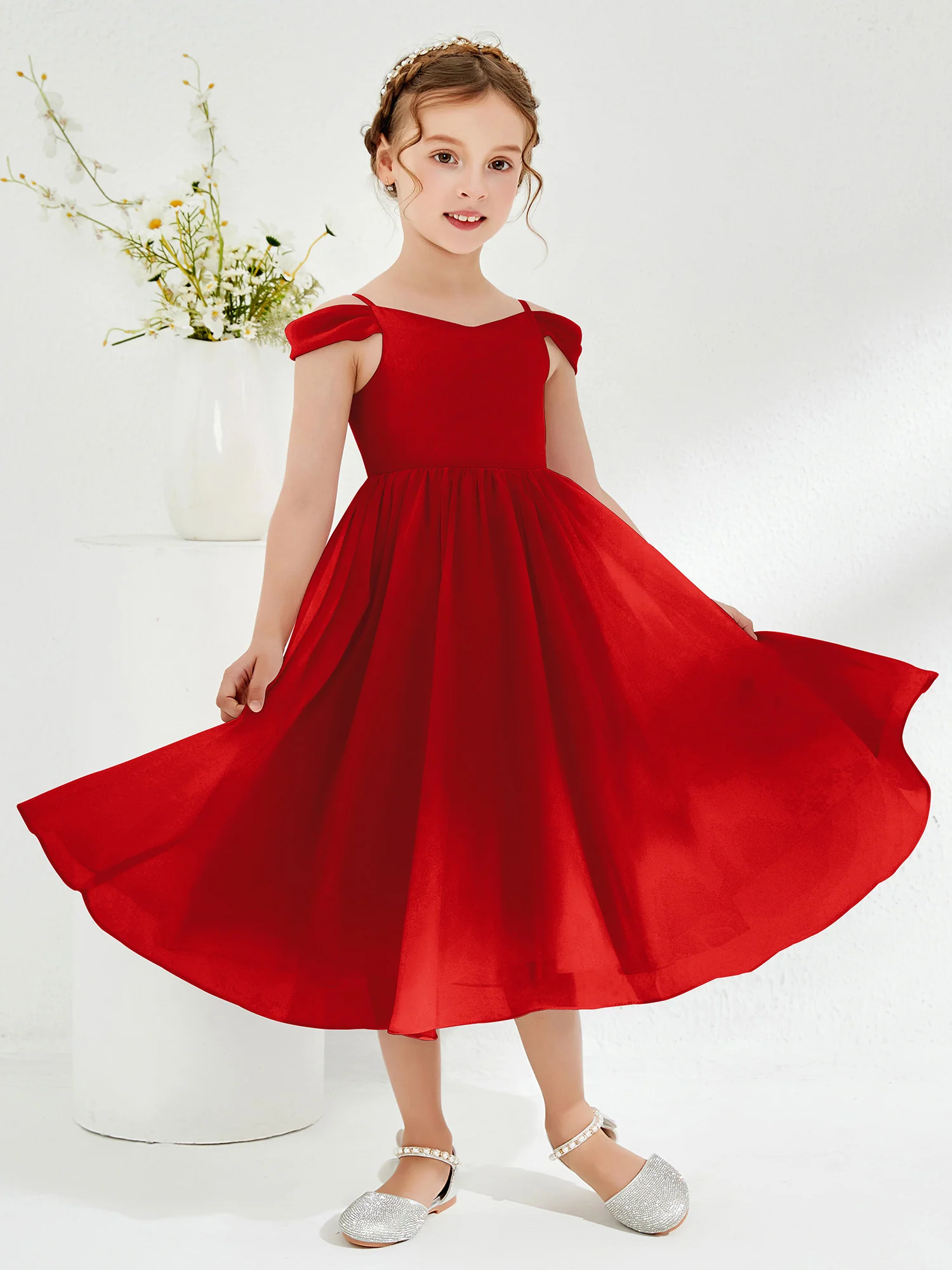 Off-the-shoulder Pleated Girl's Dress Red - Image 3