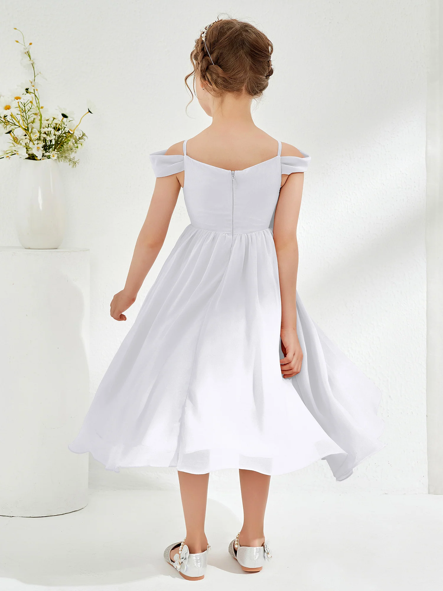 Off-the-shoulder Pleated Girl's Dress White - Image 2