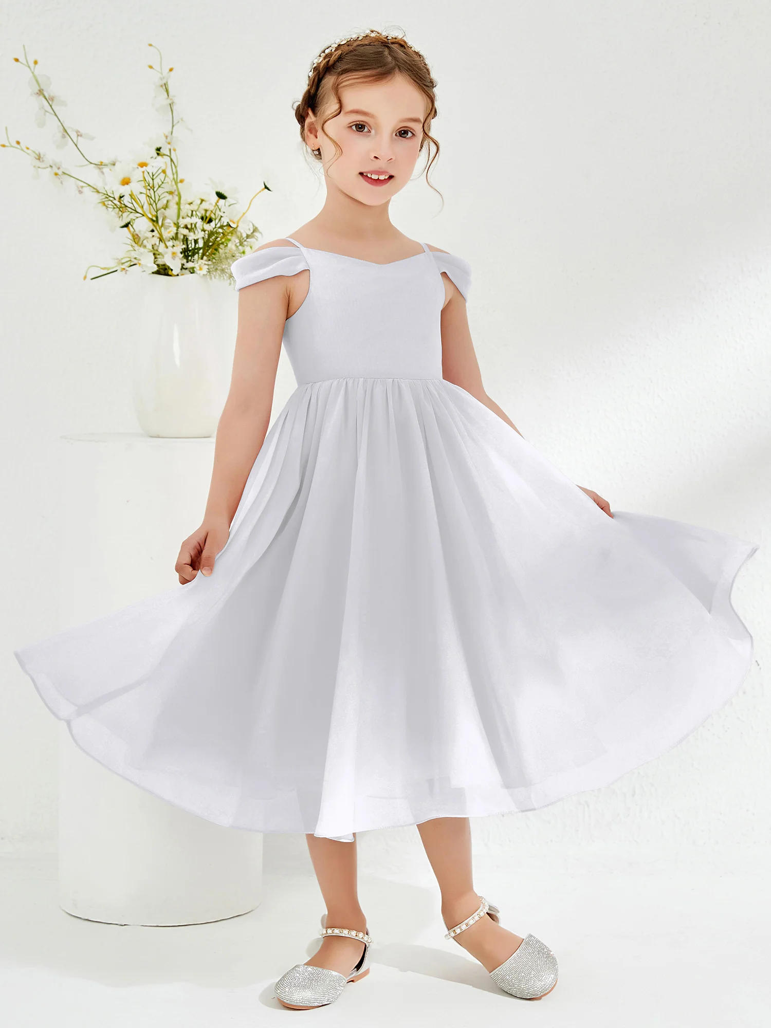 Off-the-shoulder Pleated Girl's Dress White - Image 3
