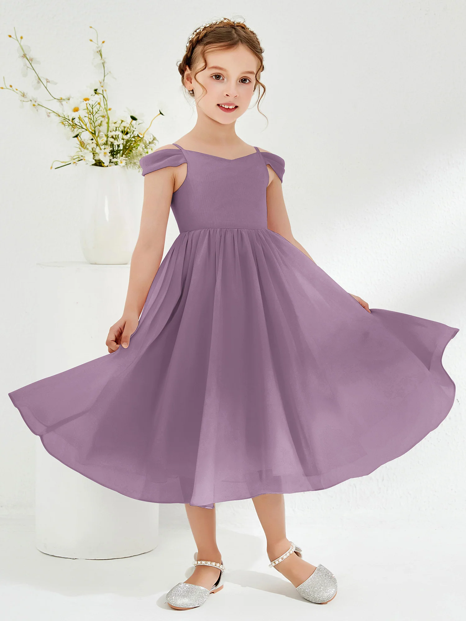 Off-the-shoulder Pleated Girl's Dress Wisteria - Image 3