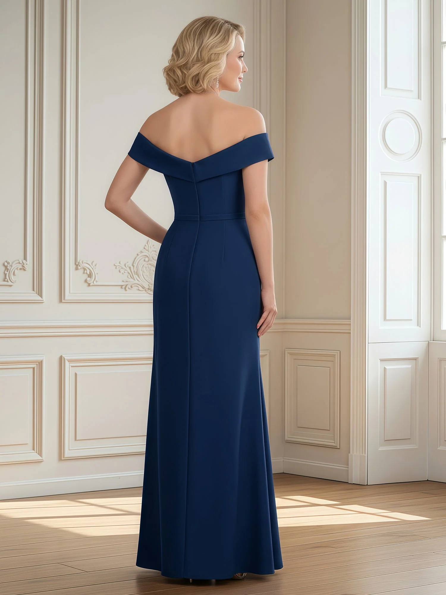 Off-the-Shoulder Pleated Sheath Long Dress With Slit Burgundy - Image 2