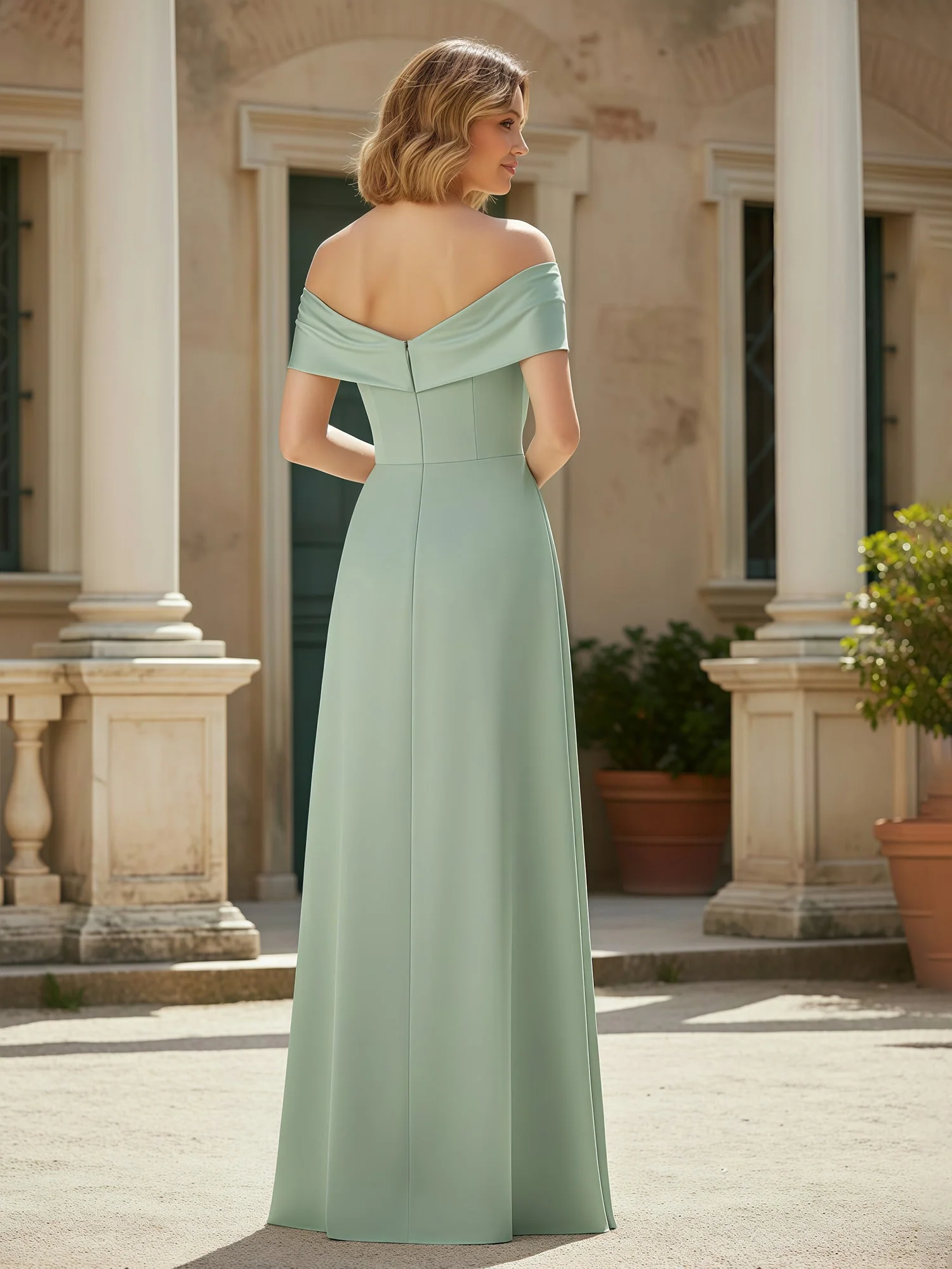 Off-the-Shoulder Pleated Stretch Satin Long Dress Royal Blue - Image 2