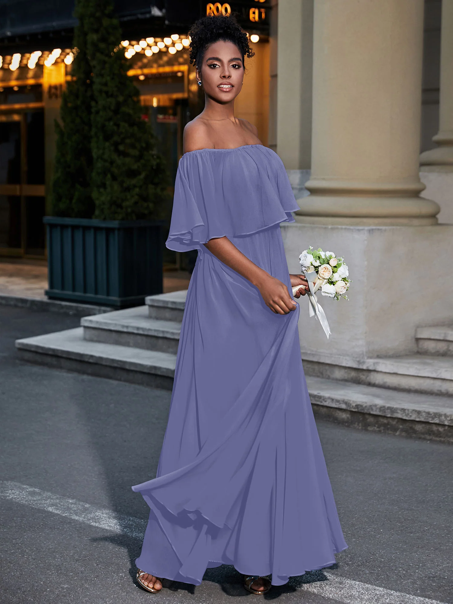 Off the Shoulder Ruffles Chiffon Maxi Dress-Periwinkle Plus Size - Image 6