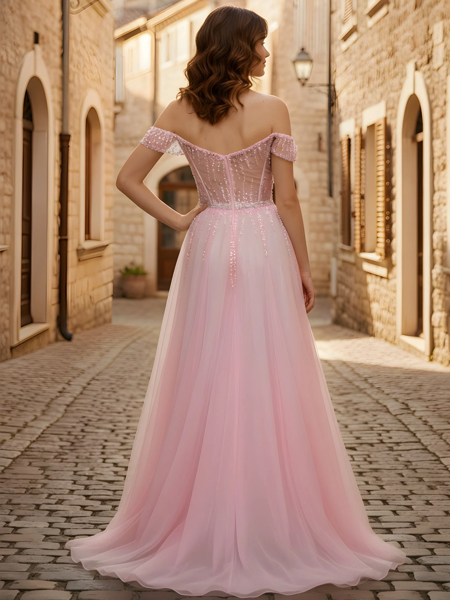 Off-the-shoulder Sequins A-Line Tulle Dress Dusty Blue - Image 2