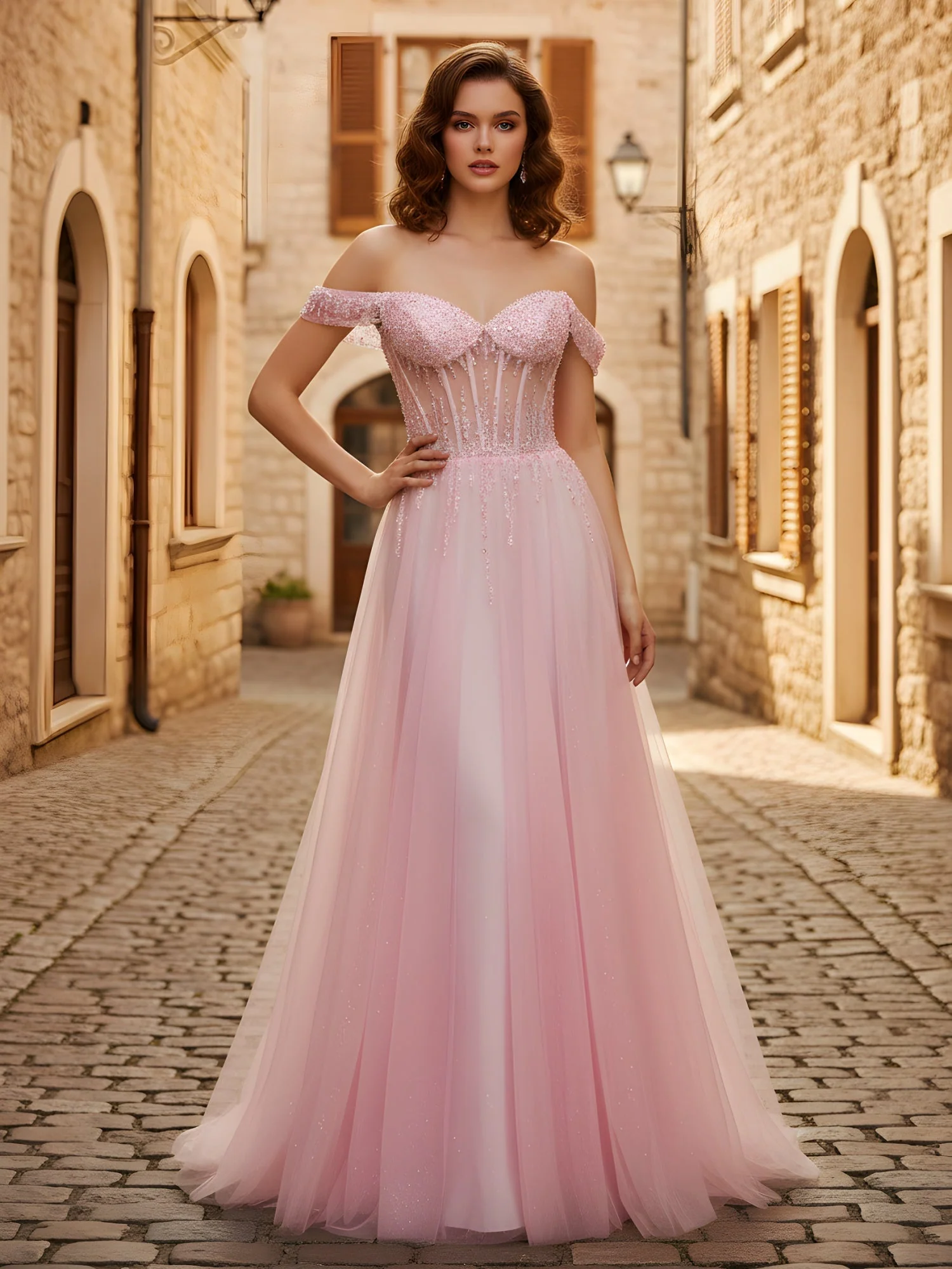 Off-the-shoulder Sequins A-Line Tulle Dress Tangerine