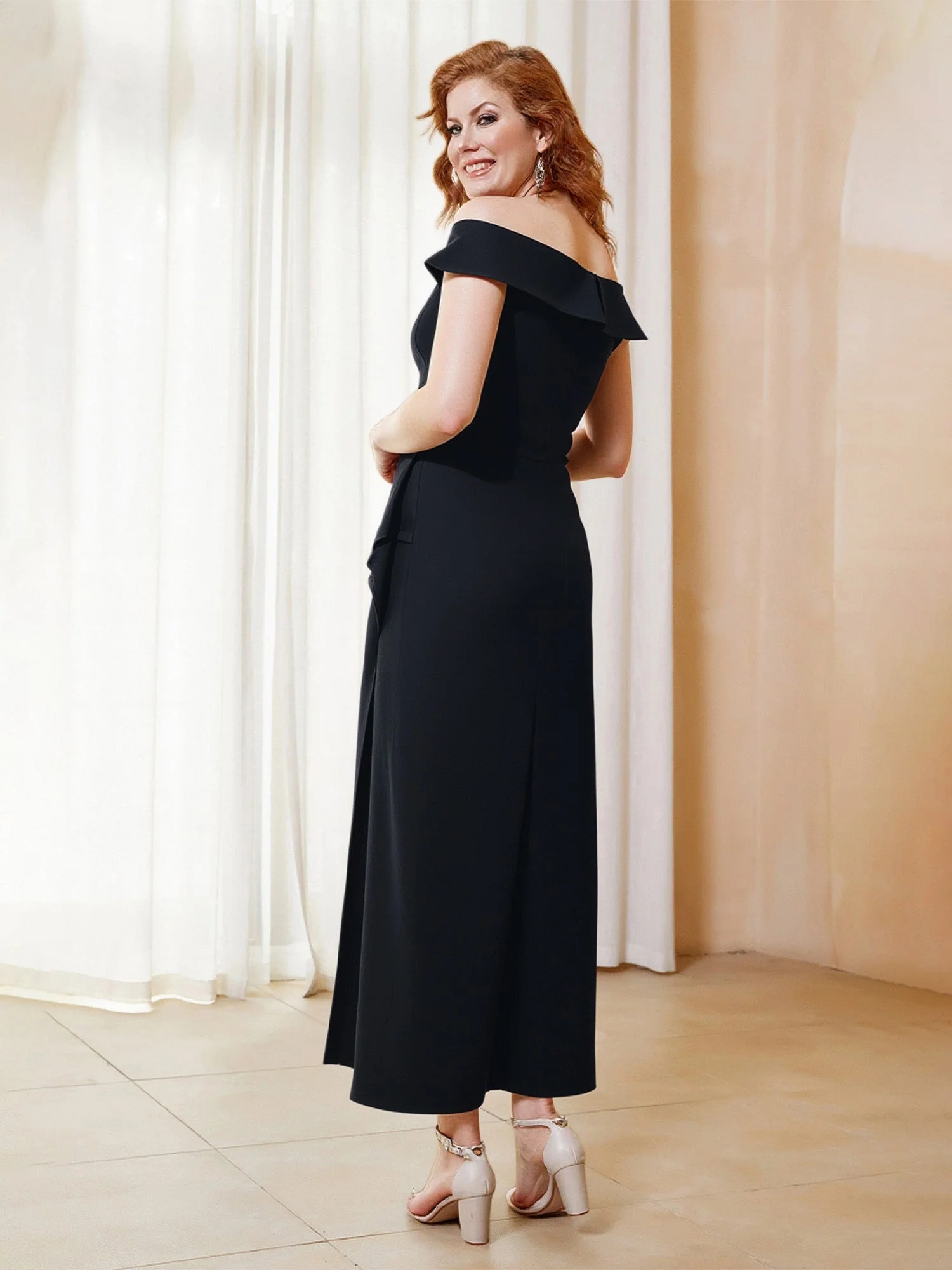 Off-the-Shoulder Sheath Asymmetrical Beaded Dress Red - Image 2
