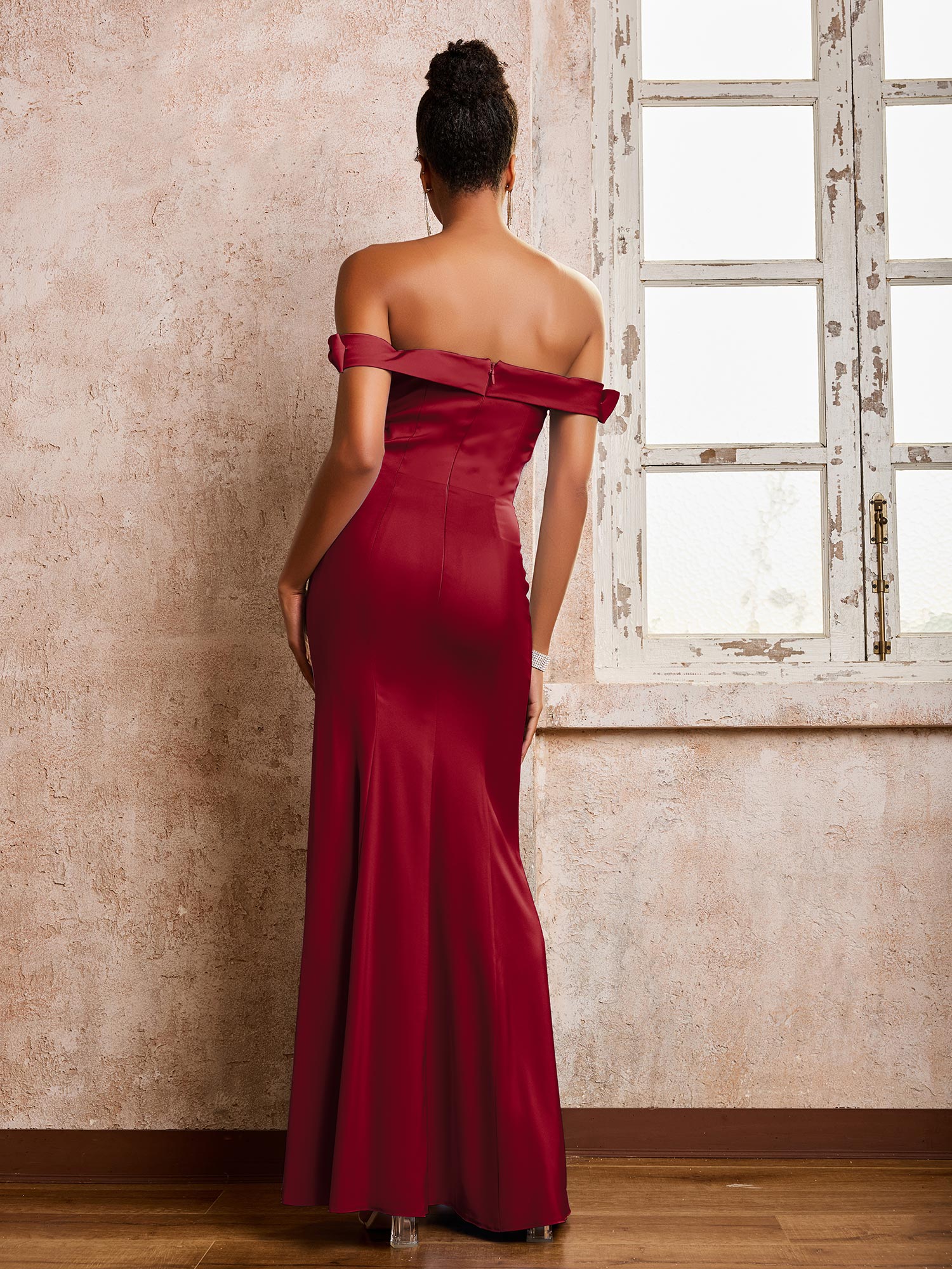 Off-the-shoulder Sheath/Column Floor Length Dresses With Slit Burgundy - Image 2