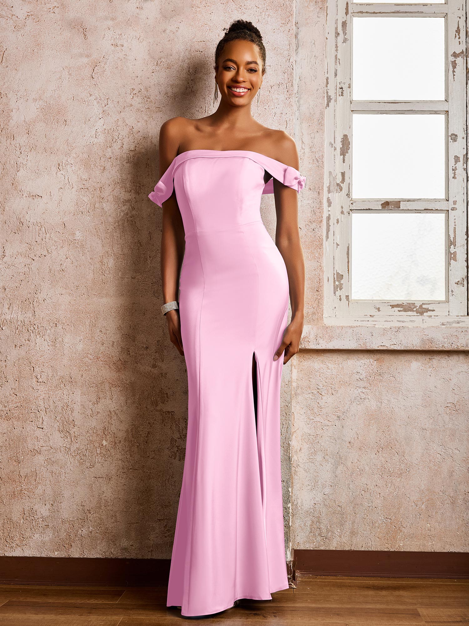Off-the-shoulder Sheath/Column Floor Length Dresses With Slit Candy Pink