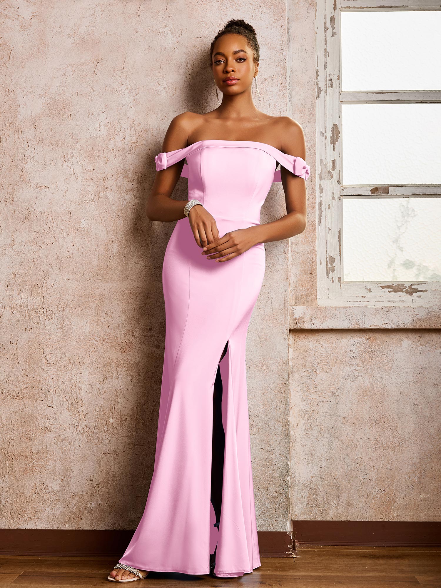 Off-the-shoulder Sheath/Column Floor Length Dresses With Slit Candy Pink - Image 3