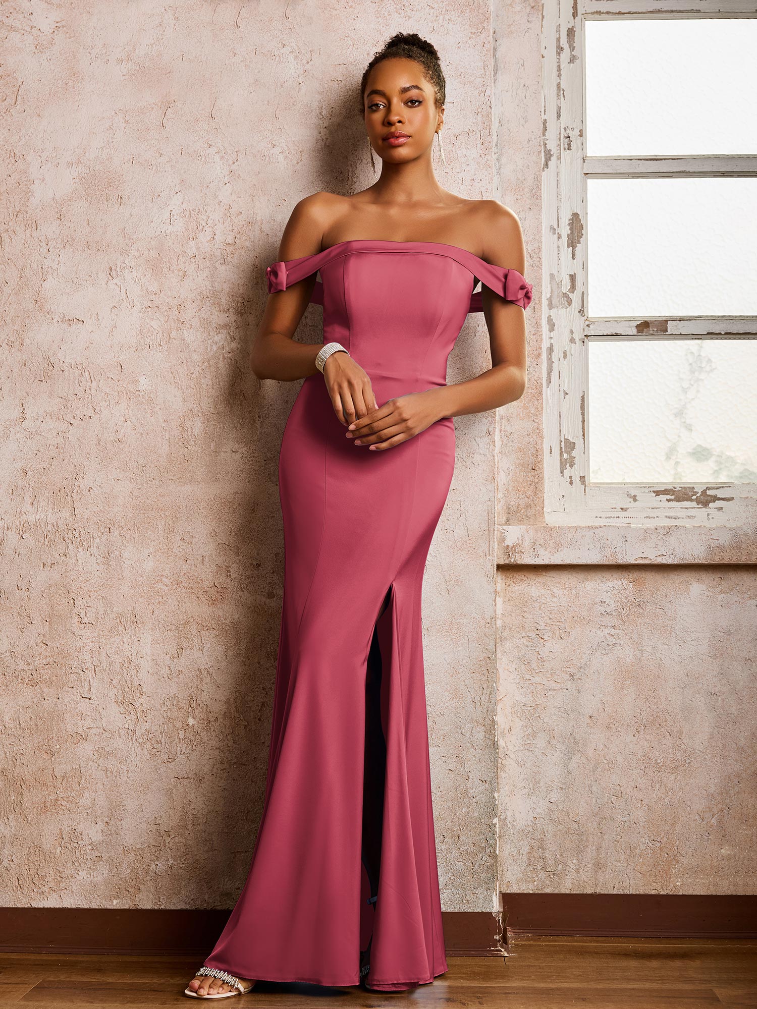 Off-the-shoulder Sheath/Column Floor Length Dresses With Slit Cinnamon Rose - Image 3