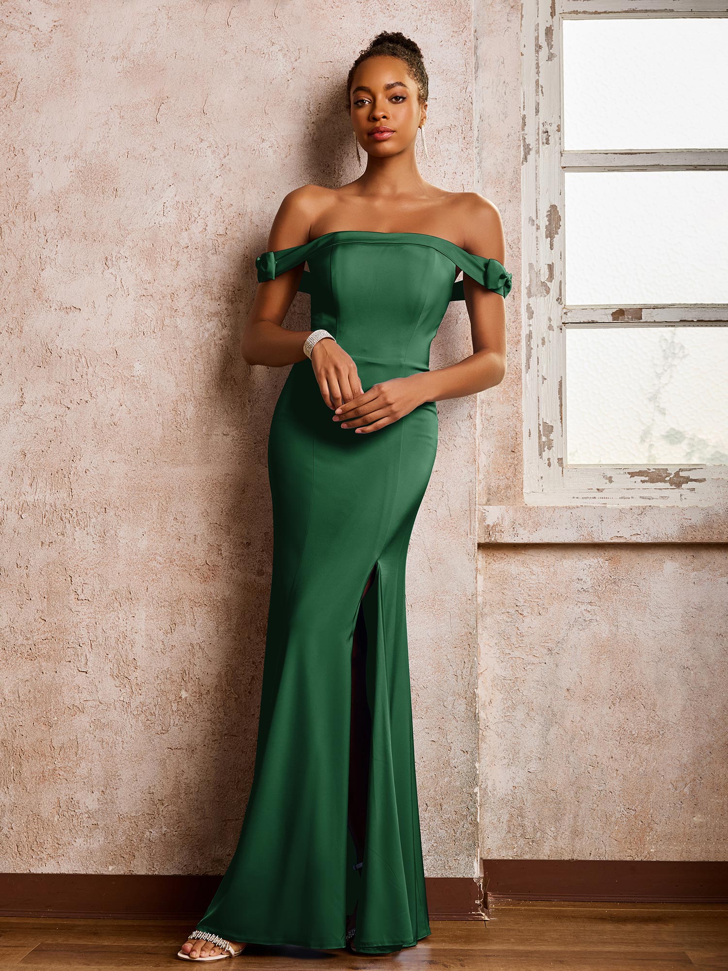 Off-the-shoulder Sheath/Column Floor Length Dresses With Slit Dark Green - Image 3