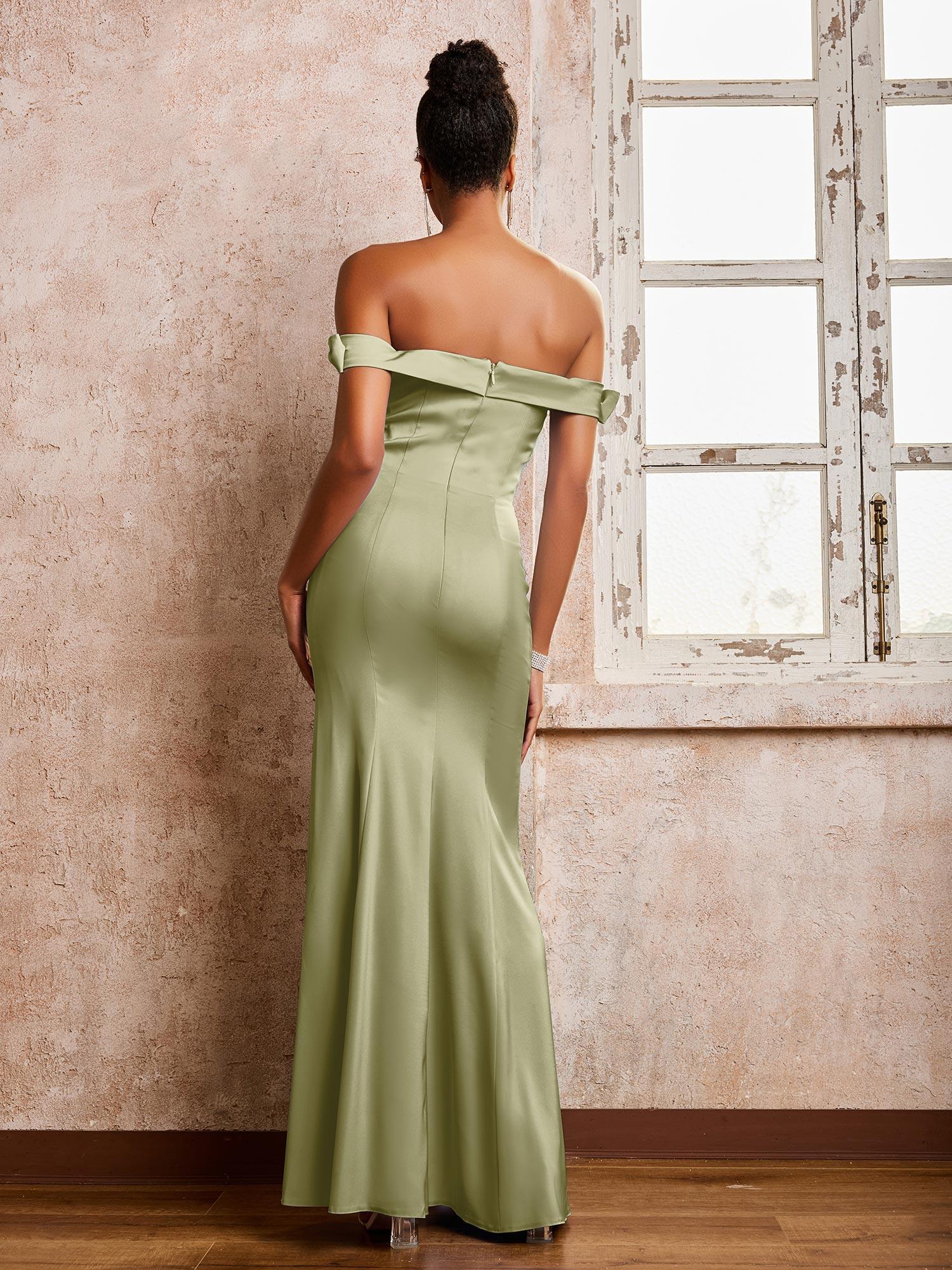 Off-the-shoulder Sheath/Column Floor Length Dresses With Slit Dusty Sage - Image 2