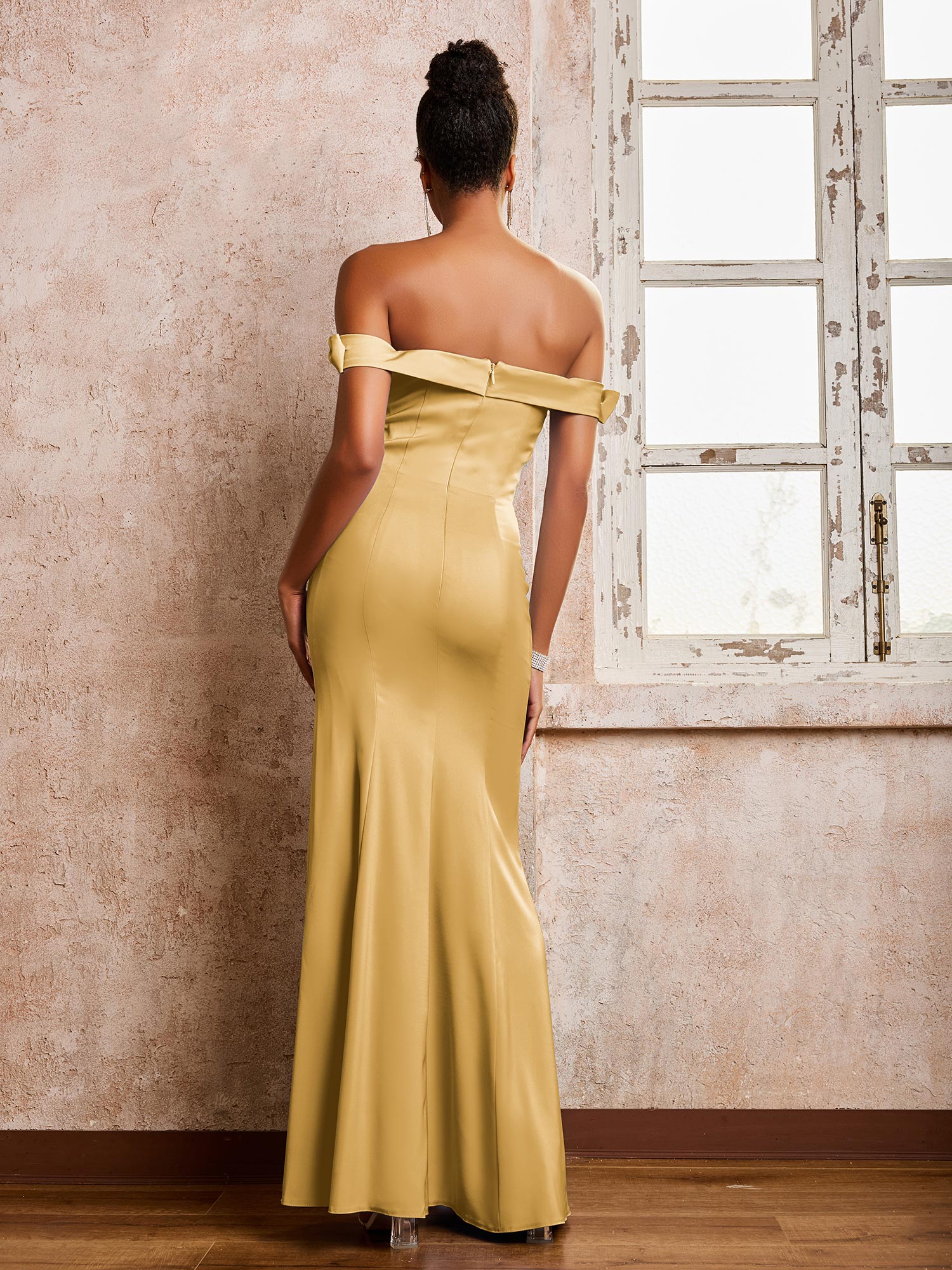 Off-the-shoulder Sheath/Column Floor Length Dresses With Slit Gold - Image 2