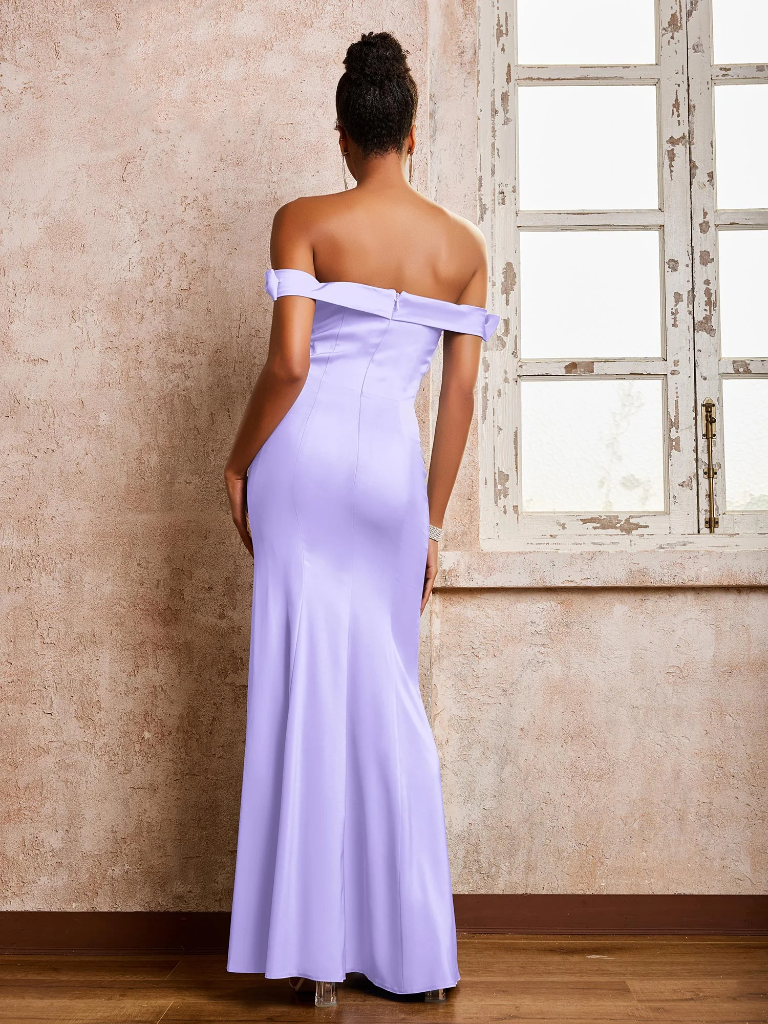 Off-the-shoulder Sheath/Column Floor Length Dresses With Slit Lilac - Image 2